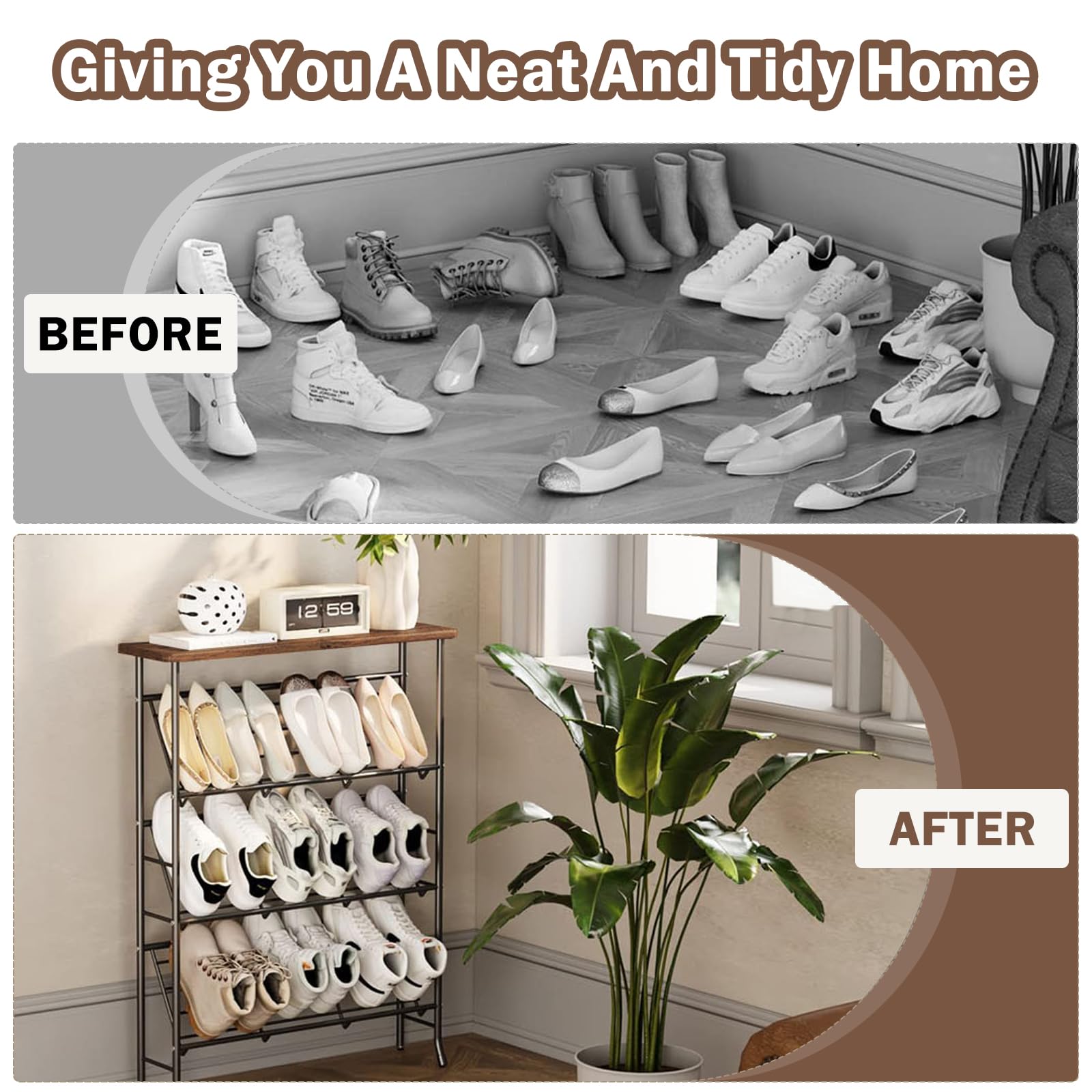 Schuhregal Schmal Metall, Shoe Rack mit 4 Ebenen, Stapelbares Kleines Schuhregal, SchuhstäNder Organizier für 12-16 Paar Schuhe, Schuhablage für Eingangsbereich Flur Wohnzimmer Schlafzimmer