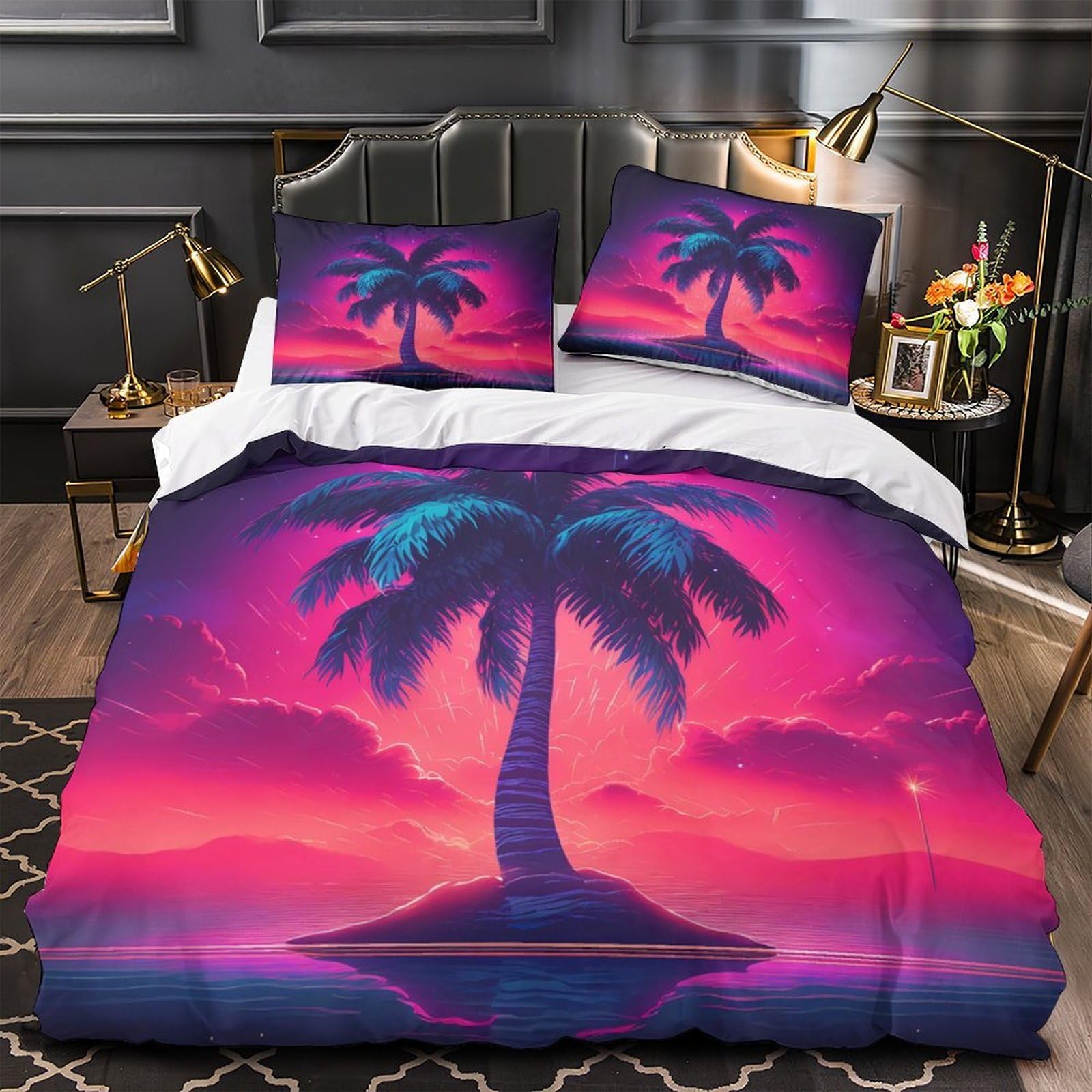 Drap de couette palmier néon 3D microfibre inaltérable déco lit double