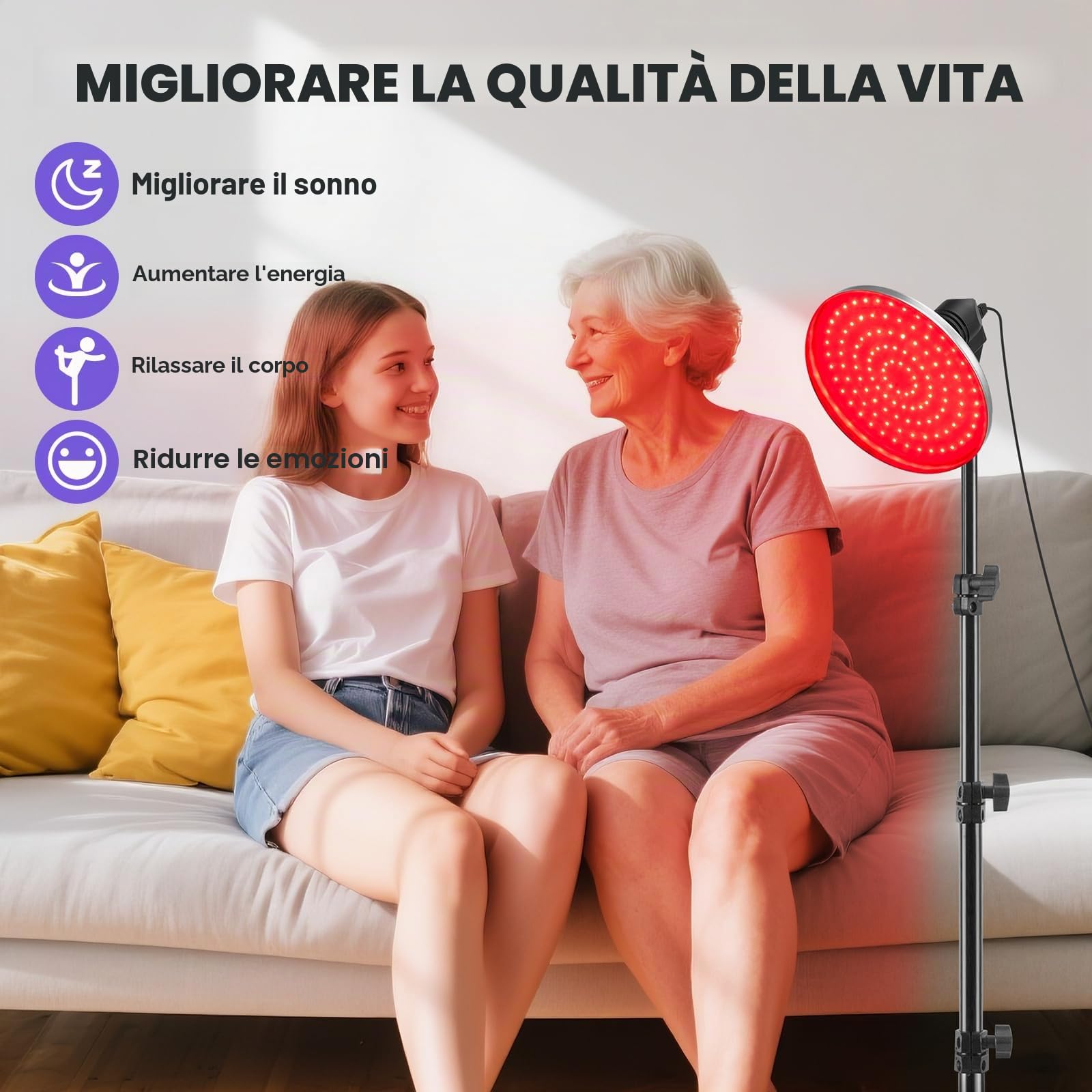 Lampada infrarossi 660nm, 120 LED, timer, treppiede | 15-30 min, 2-5x/settimana, regolabile, 40-60cm, viso/corpo/schiena