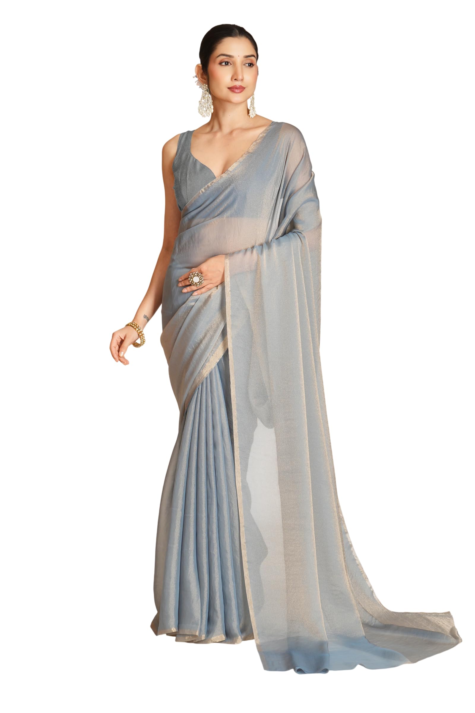 SAJJAN Women's Silver Grey Moss Saree With Unstitched Blouse Piece | Lightweight Two Tone | Saree for Wedding Reception, Party, Festival Wear and Special Occasions-picture-10