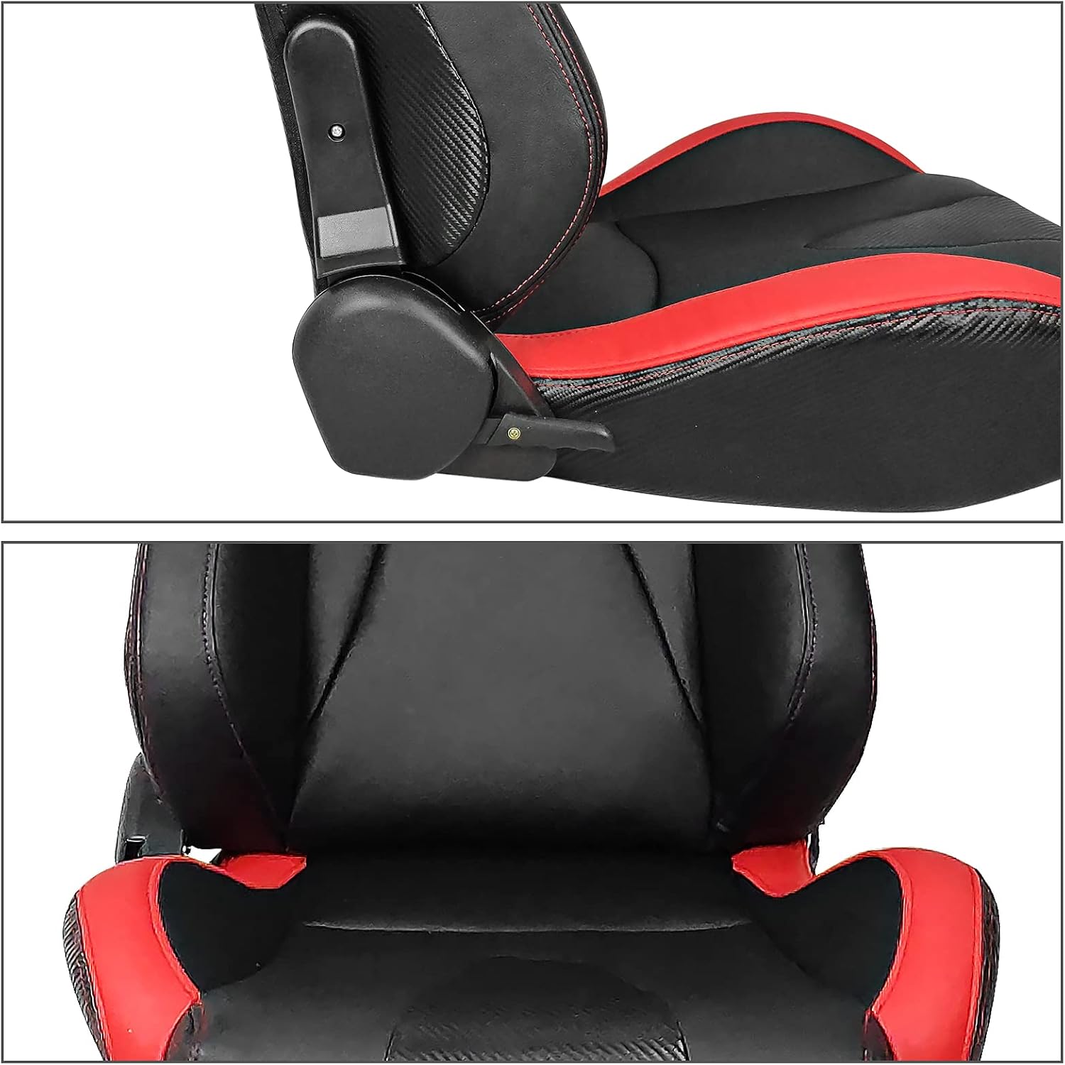 FREEMOTOR802 Universal Racing Seats, Reclinable Sport Seats with Dual Lock Sliders Adjustable, 1 Pair (Driver + Passenger Side), PU + Carbon Fiber Fabric, Black + Red