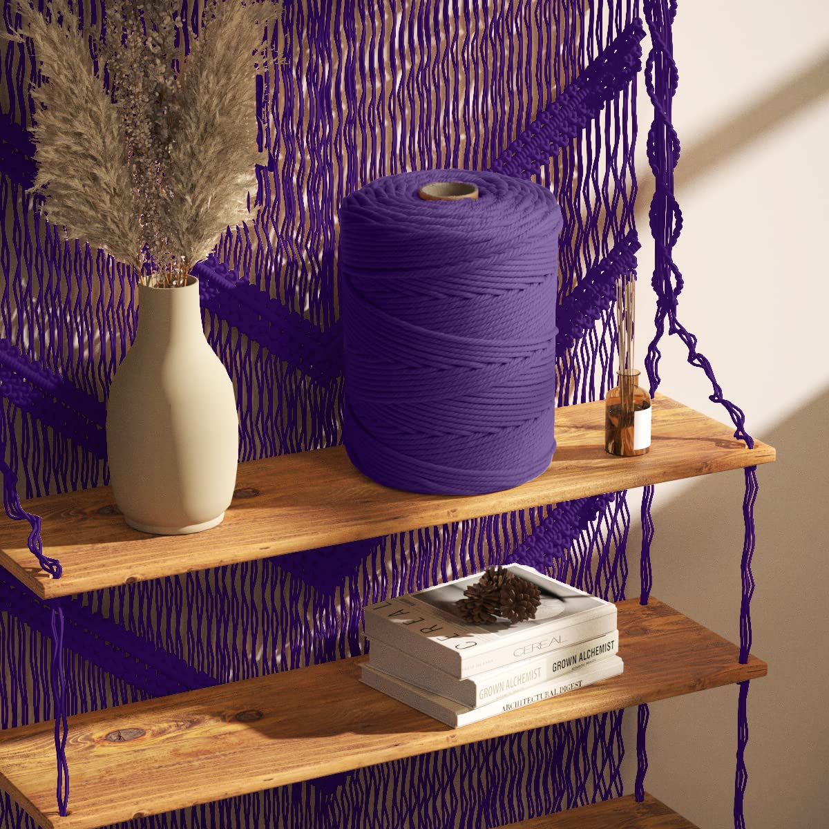 ZUEXT Makramee-Baumwollkordel, 5 mm x 300 m, natürlich, handgefertigt, dunkelviolett, geflochten, 4 Stränge, gestricktes Seil zum Basteln, Wandbehang, Weben, Wandteppich, Traumfänger, Aufhänger,