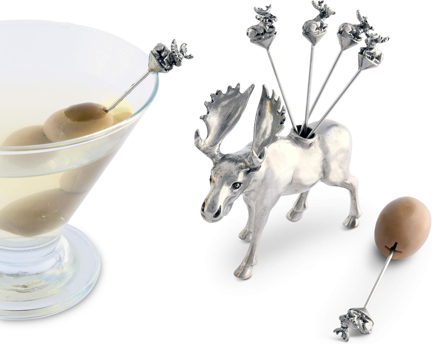 Vagabond House Moose Cheese Pick Set Artisan Designed Handcrafted for Cabin Lodge Entertaining Cheese Martini Olive Cocktail Stainless Steel Skewer Fruit Toothpicks (Set of 6 picks) 4.25 inch Tall