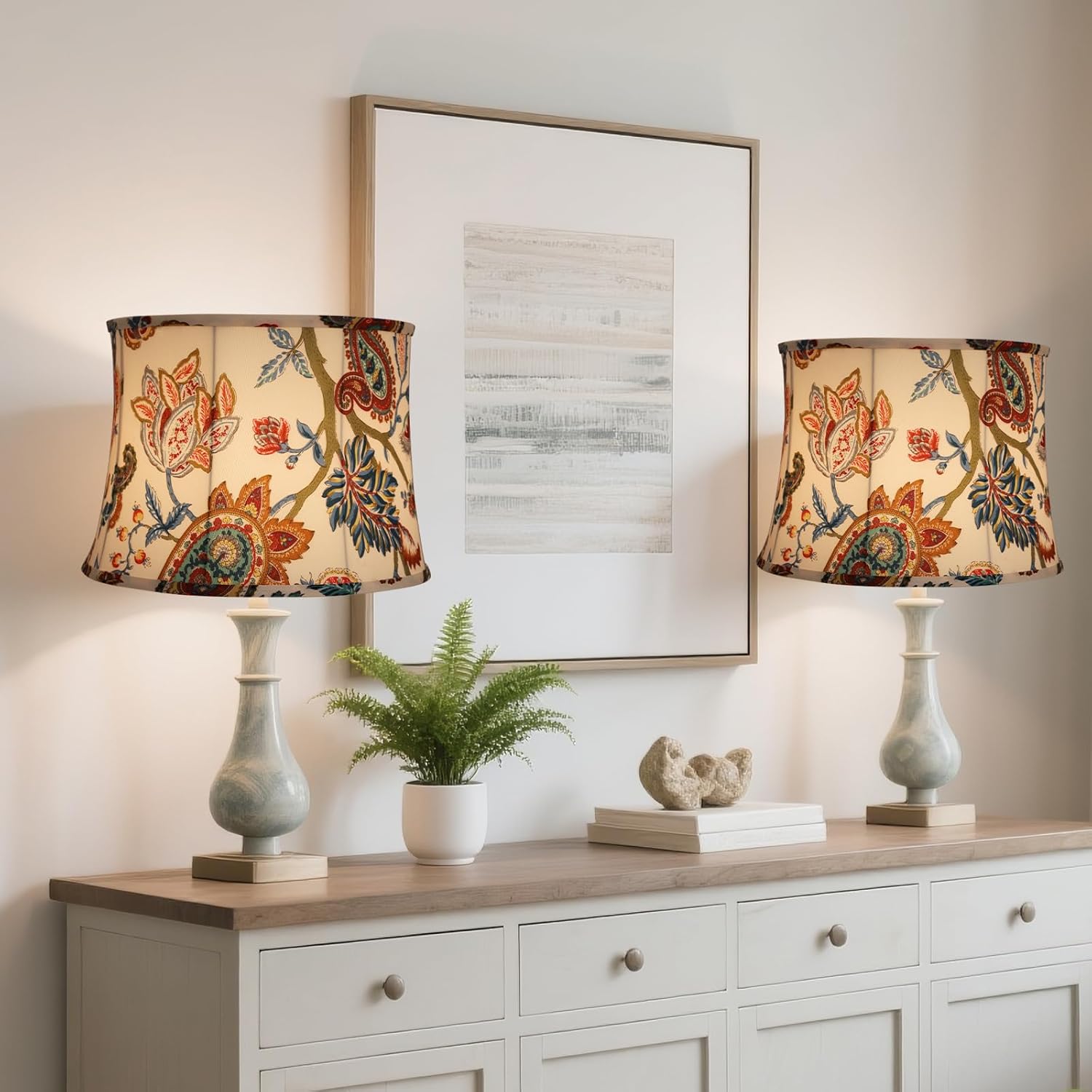 White with Paisley Print Large Lamp shades, Drum Lamp shades 14" Top x 16" Bottom x 11.42" High, Lamp Shades for Table Lamp & Floor Lamp - Lampshades Replacement
