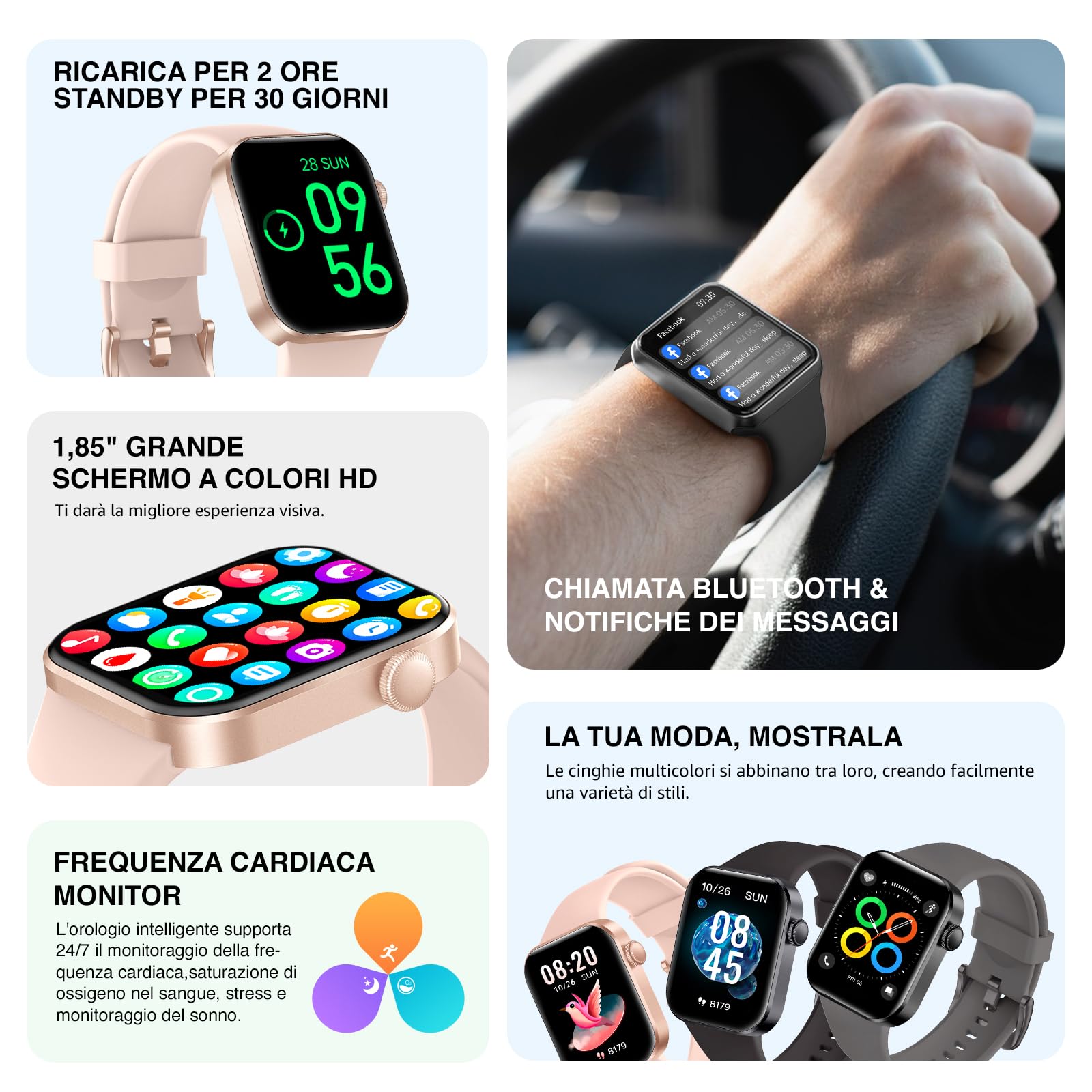Smartwatch Uomo Donna, 1.85" Orologio Smartwatch con Effettua/Risposta Chiamate, 140 Sportive Smart Watch con Contapassi/Sonno/Cardiofrequenzimetro/SpO2, Impermeabil IP68 Smartband per Android iOS