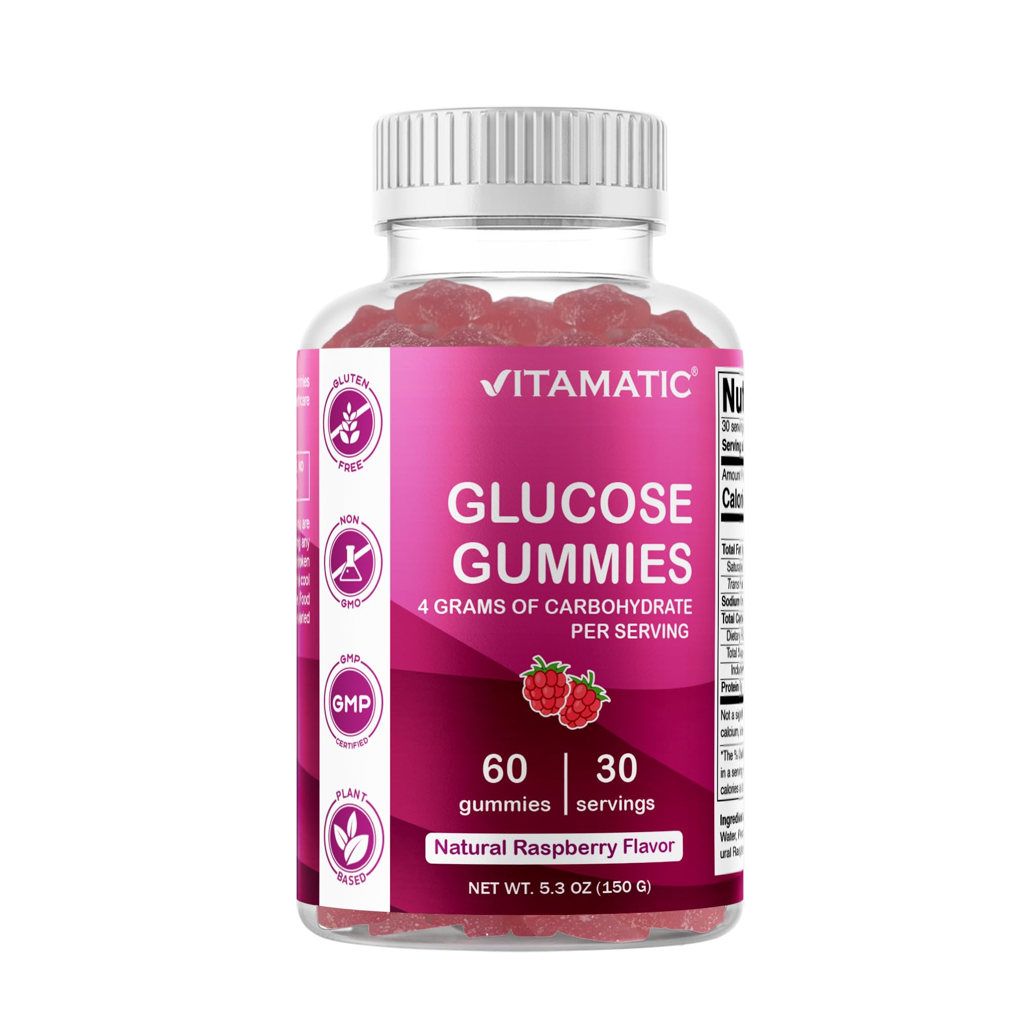 VitamaticGlucose chewable Gummies - 60 Count - Natural Raspberry Flavor - 4G of Carbohydrate per Serving (1 Bottle)