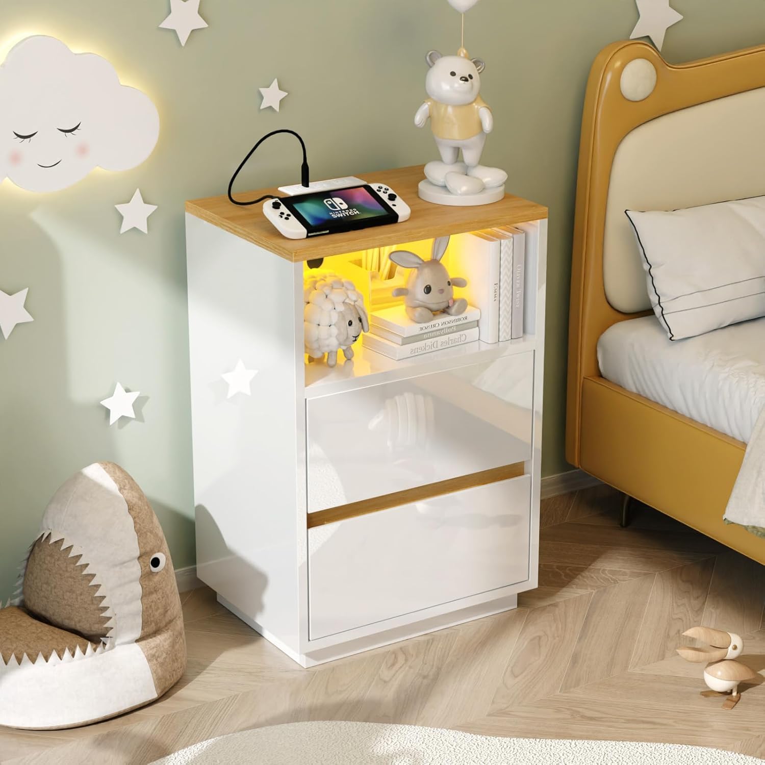 LEADZM Table de Chevet Lot de 2 avec lumières LED avec Station de Charge et Ports USB,Table d'appoint, Commode de Nuit, 40 x 30 x 60cm, Blanc Brillant Fiche européenne