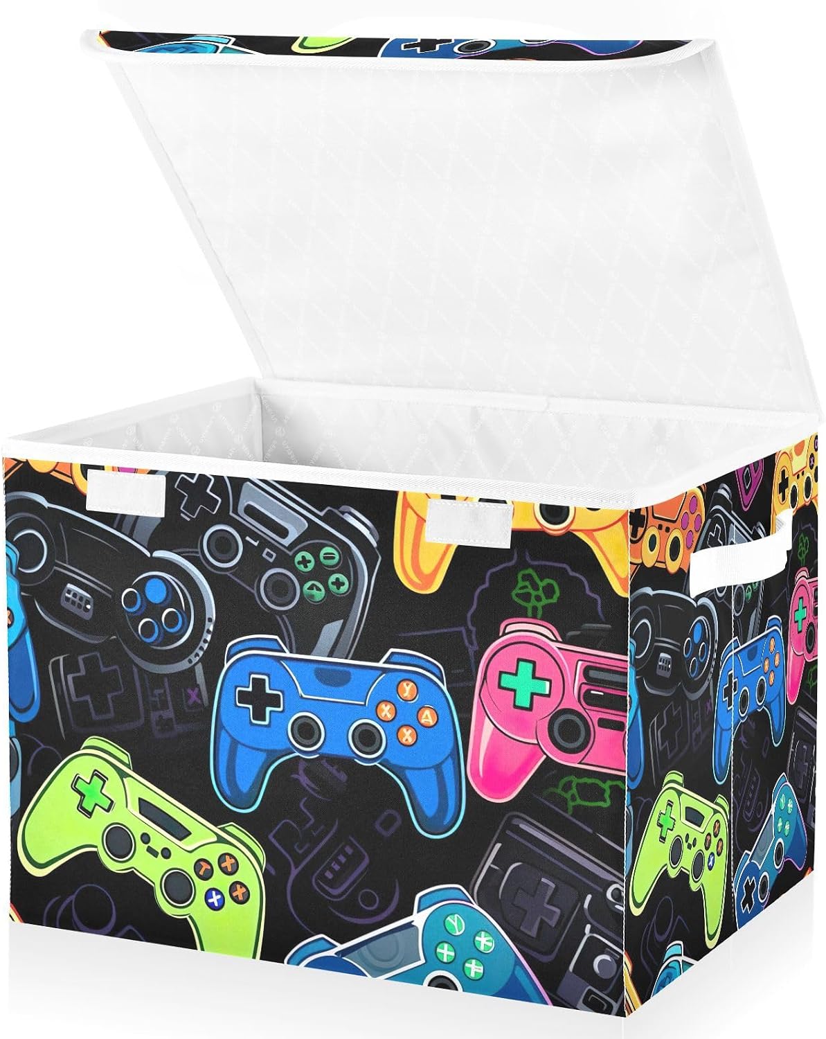Cartoon Game Controllers Fabric Storage Bin with Lid, Collapsible Basket with Handles, Shelf Cube Closet Organizer for Home and Bedroom