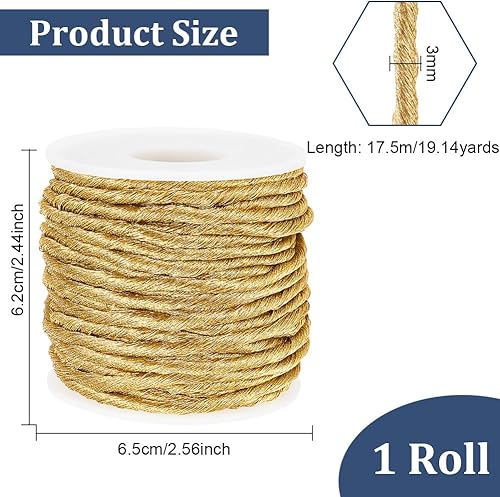 Miniatura 2 de BENECREAT Cordón metálico de macramé de 19.14 yardas, hilo metálico trenzado dorado de 0.19 pulgadas, hilo metálico para joyería, cuerda para hacer