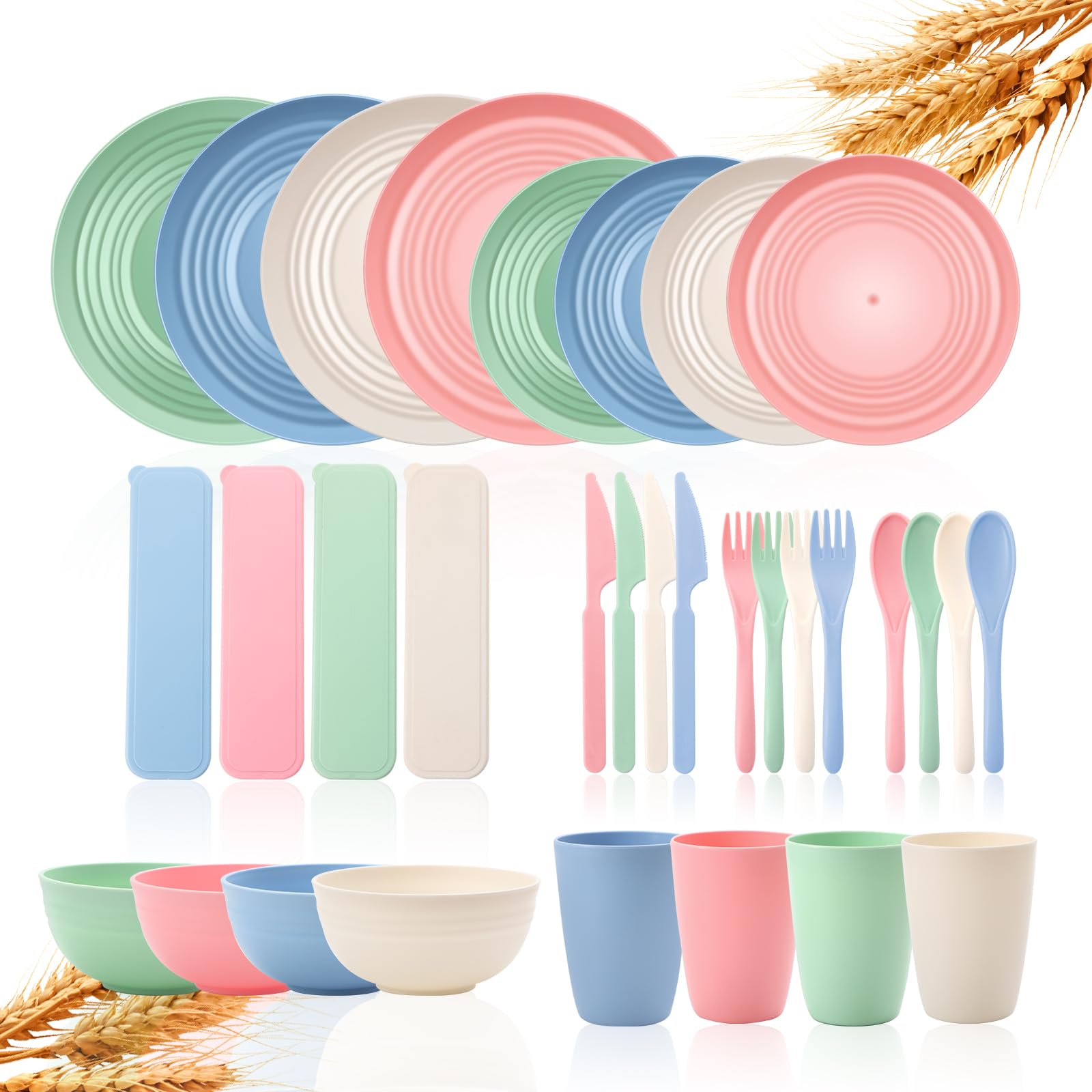 32 Piece Wheat Straw Dinnerware Sets, Kitchen Plates and Bowls Sets for 4, Plastic Plates Reusable Dishes Set, Outdoor Kitchen Camping and Dinning Essentials Dishwasher Safe