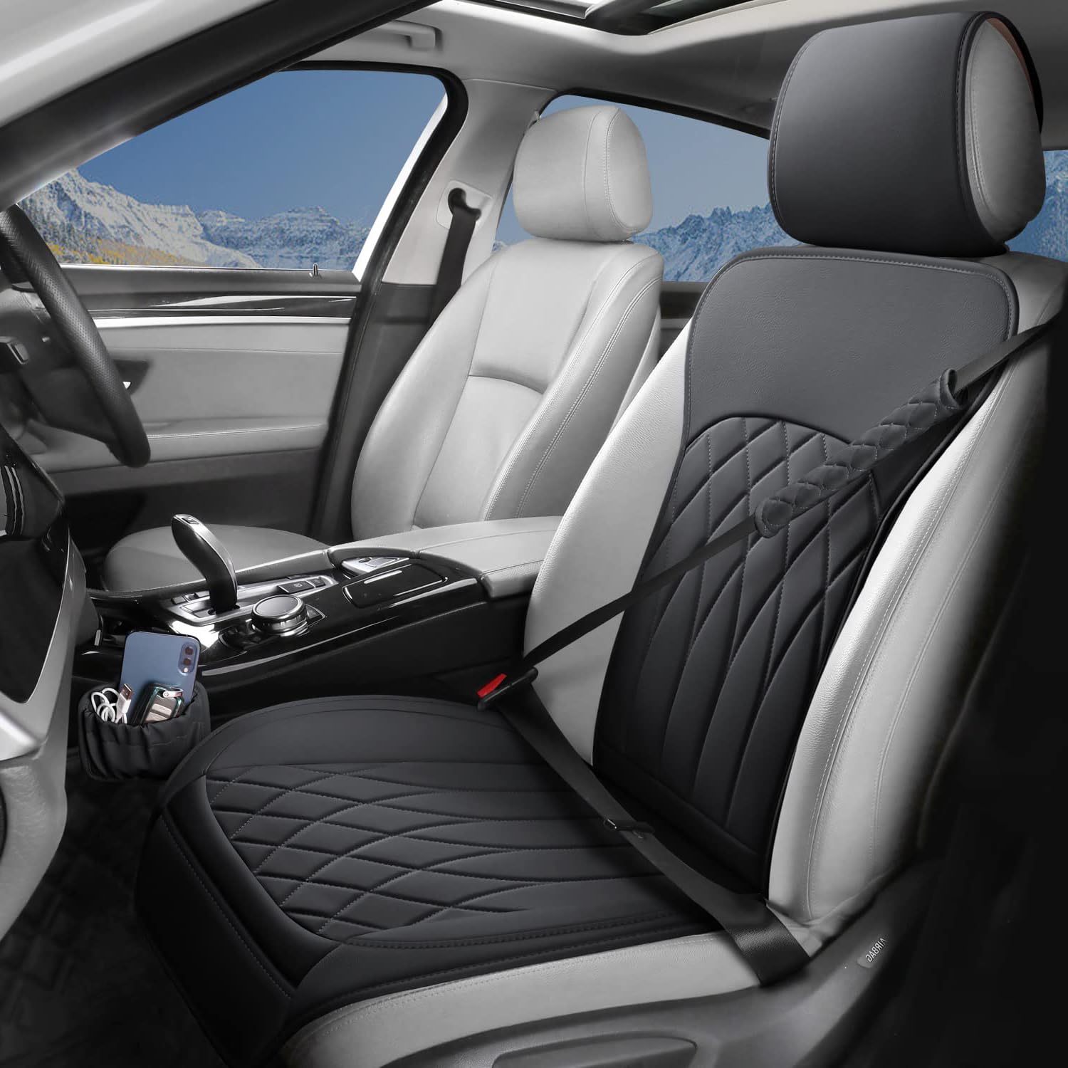 KASTWAVE 1 Pack Leather Front Car Seat Covers, Universal Sideless Car Seat Protectors with Storage Pocket and Seat Belt Pads, Waterproof Automotive Seat Cover for Cars Trucks SUV, Black