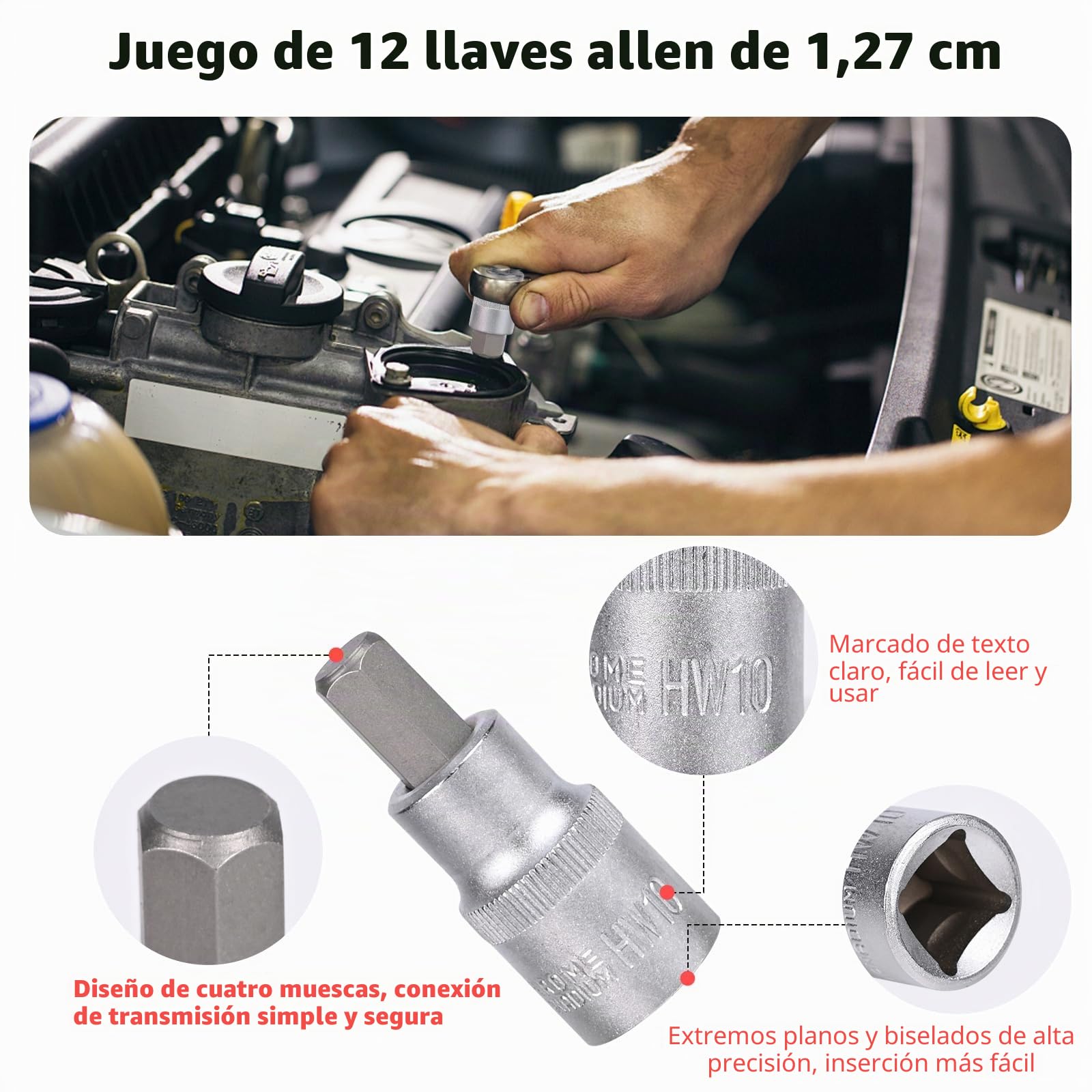 12 Piezas Juego de llaves de Vaso, 1/2» Vasos Hexagonales, Juego de Vasos Hexagonales, Aceros para Herramientas de 5-22mm con Maletín Portátil, Anticorrosión para Uso Industrial y en Automoción (Rojo)