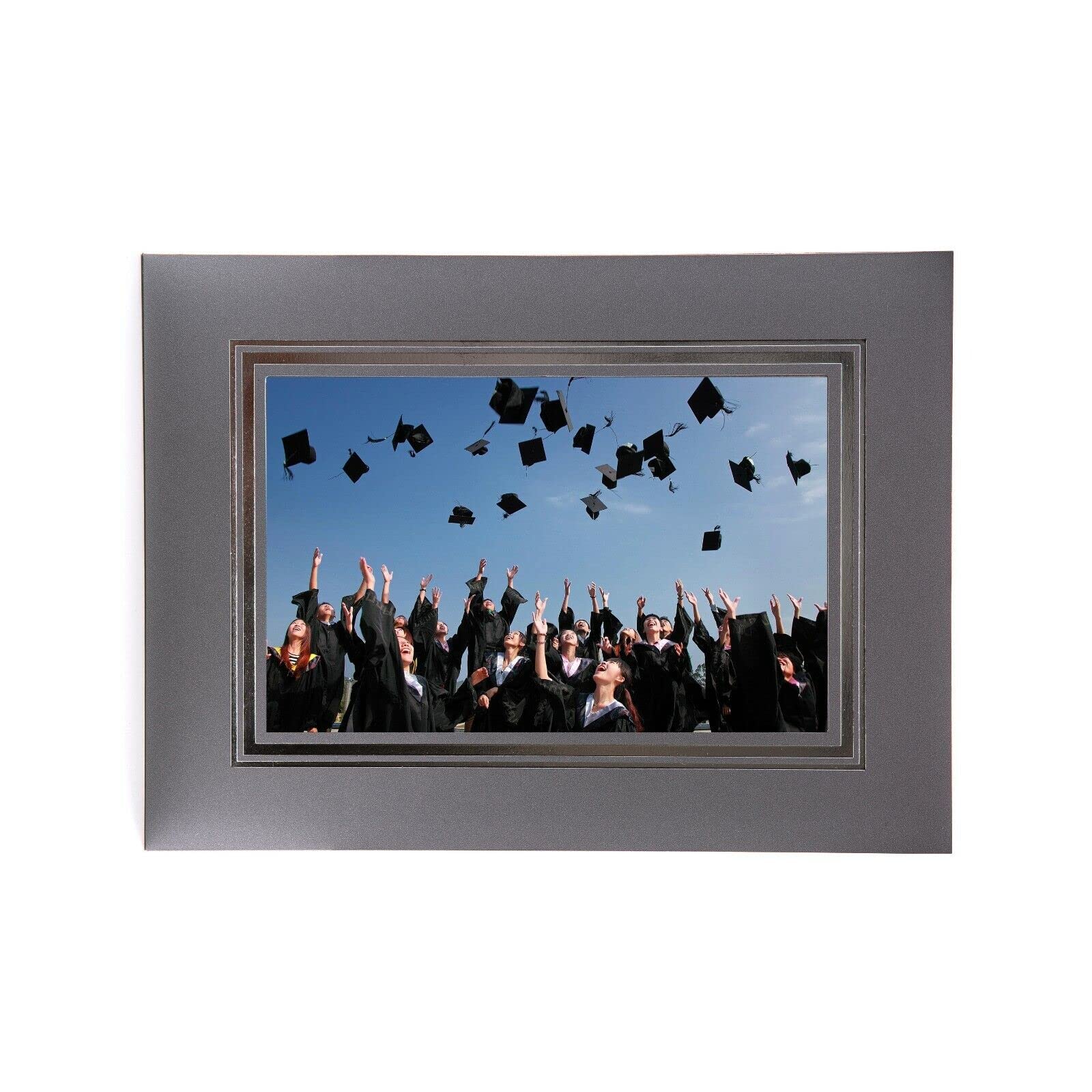 Kenro Grey Pack Of 50 Cardboard Strut Mount Photo Frames With Silver Border (6X4 Inch/10X15cm) - Card Photo Mounts For Graduation, School Photos, Weddings.