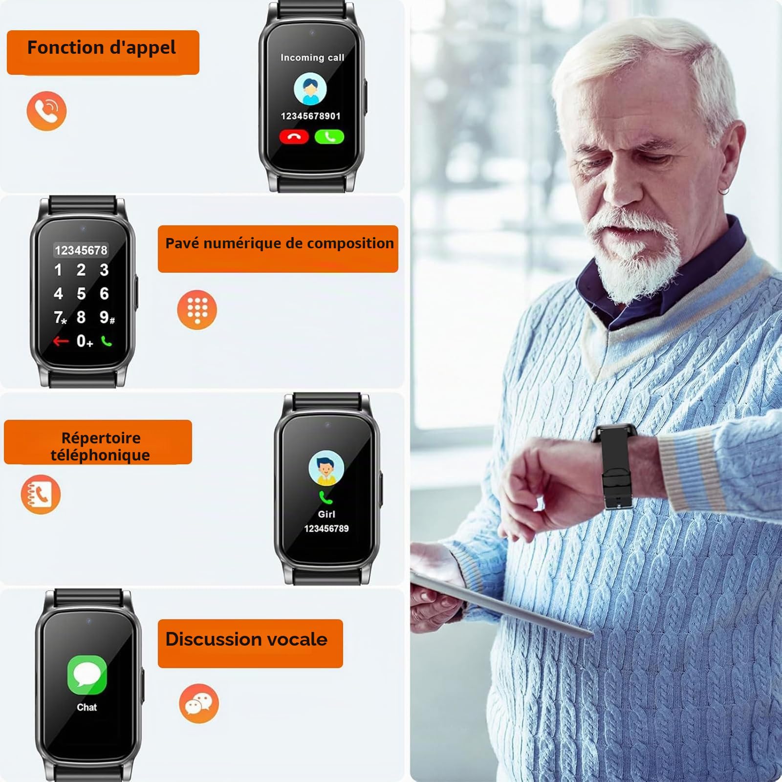 Montre intelligente avec détection de chute pour senior avec SOS et GPS, montre pour personnes âgées avec surveillance de la santé, étanche IP67, bracelet d'alerte d'urgence pour Thanksgiving