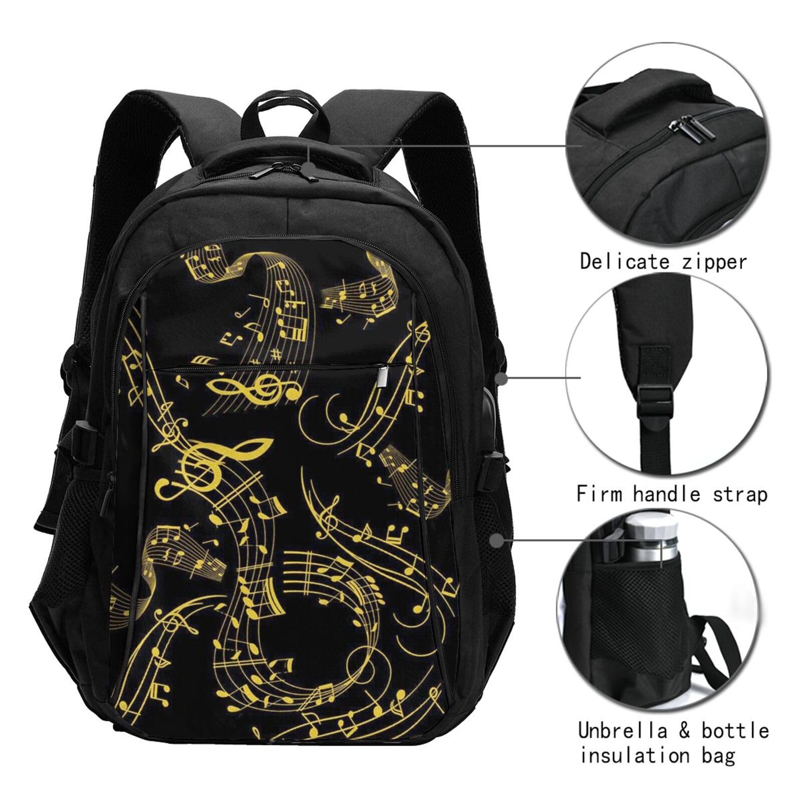 InOmak Schwarze Musiknoten, Reiserucksack, Freizeitrucksack, Schulrucksack, Laptop-Rucksack für Damen und Herren