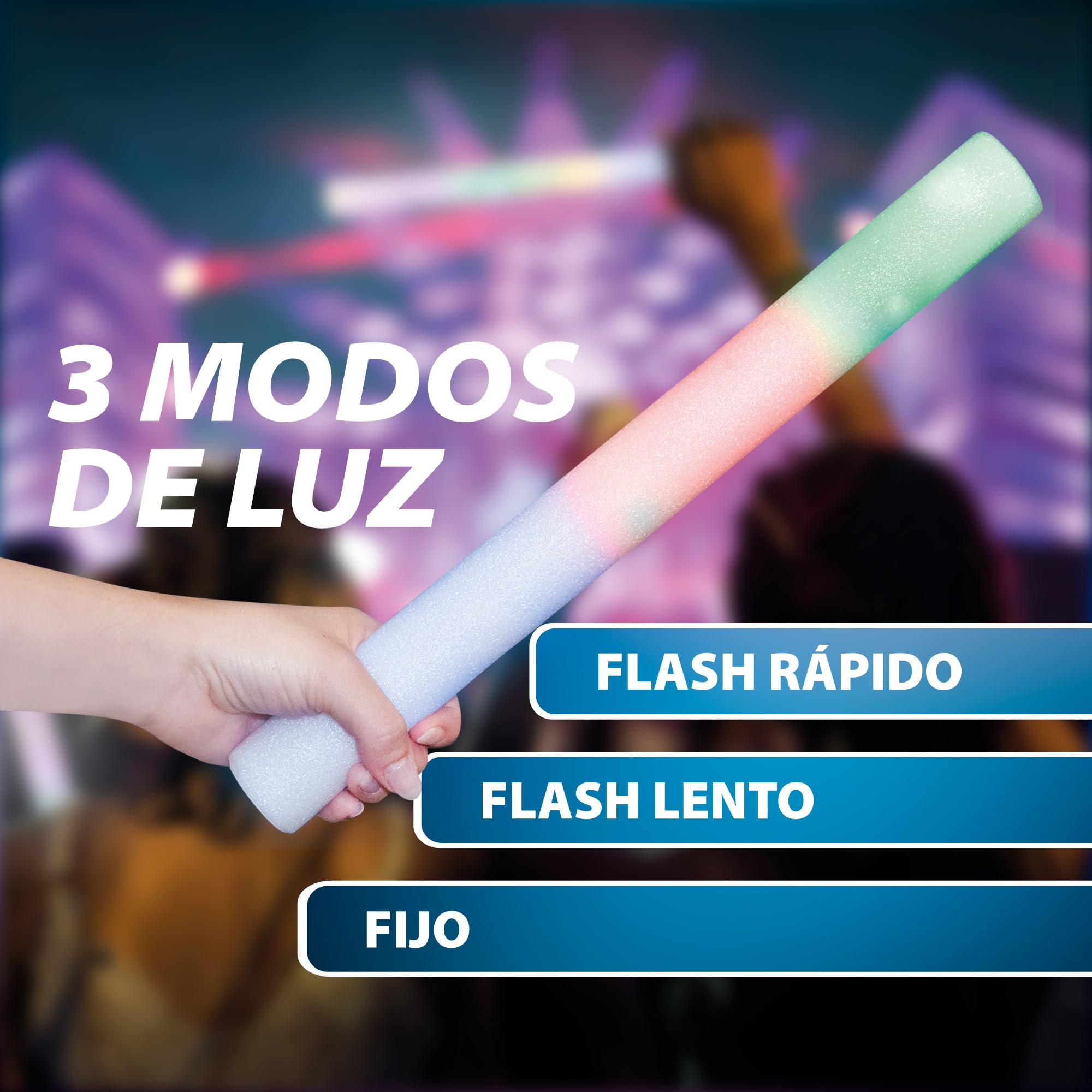 Pack de 200 Palos LED RGB de GomaEspuma – Varitas Luminosas de Gomaespuma con 3 Modos de Iluminación, Sticks de Luz para Bodas, Conciertos, Festivales y Cumpleaños - Autonomía 8 horas - 35 cm