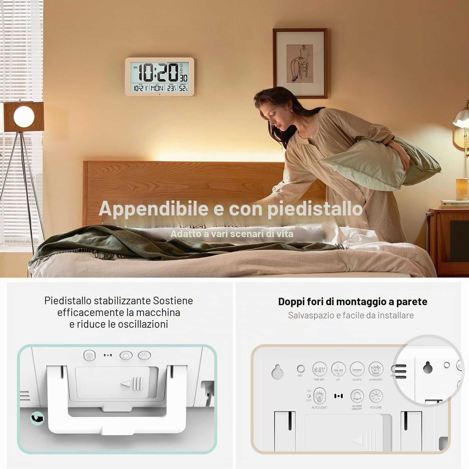 Grande sveglia digitale con monitor di temperatura e umidità, orologio da parete USB/alimentato a batteria intelligente da montare a parete e da comodino con oscuramento automatico, DST