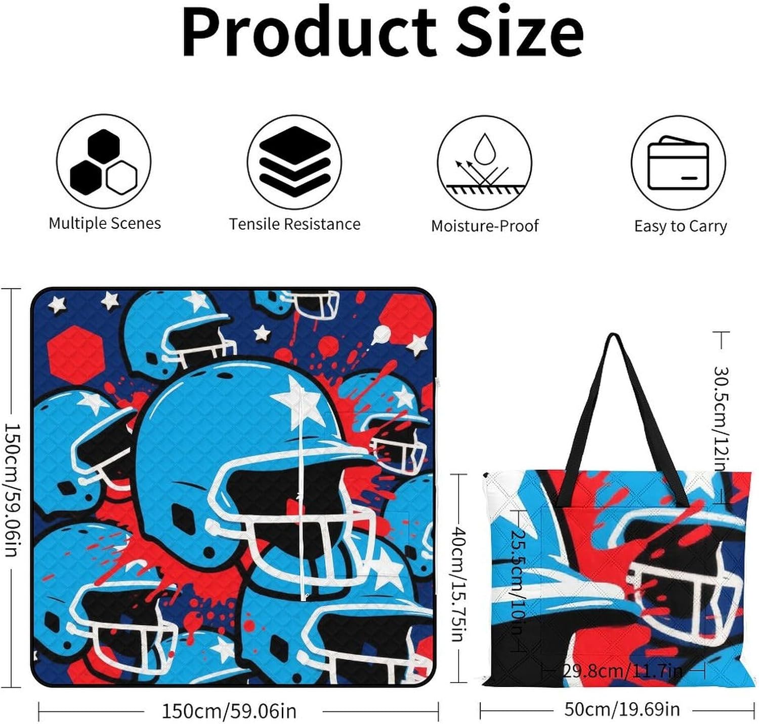 Baseball Helmet Blue Picnic Blanket 150x150cm, Foldable 2-in-1 Picnic Mat and Tote Bag Portable Waterproof Beach Mat Sandproof Outdoor Blanket for Park, Hiking, Beach, Camping, Travel