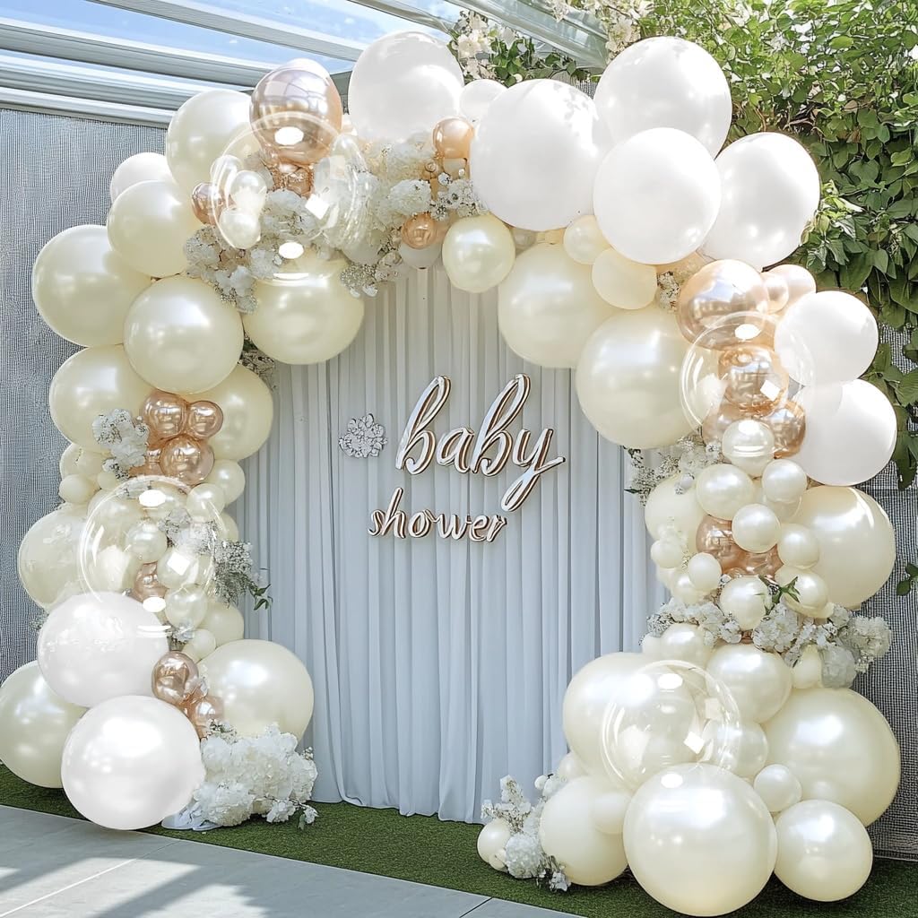 Pearl Ivory White Balloon Garland Double Stuffed Pearl White Balloon Arch Kit Different Sizes With Clear Bobo Balloon for Birthday Baby Shower Anniversary Wedding Party decor