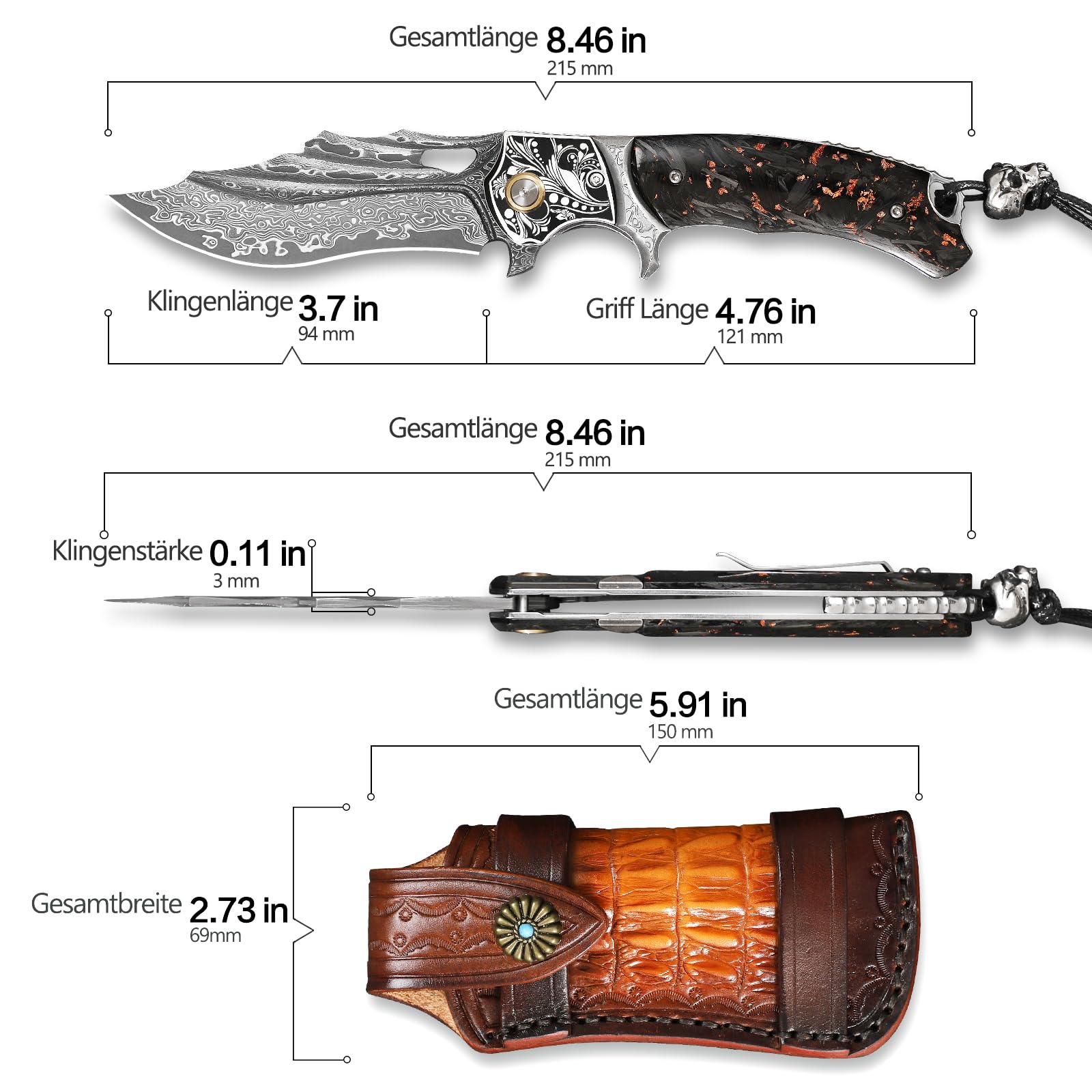 Klappmesser für Herren, 8,6" Damaszenerstahl-Klappmesser, mit Lederscheide, Taschenclip, mit Blütenblatt-Schnitzereien verziert, Griff aus Karbonfaser, ideal für Camping, Abenteuerwanderungen und als