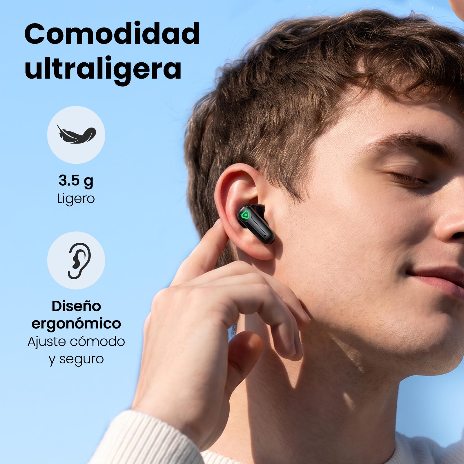 ANCwear Auriculares Bluetooth 5.3 con Modo Juego y Estuche LED | Bluetooth 5.3, drivers de 13 mm, modo juego, 3,5 g, estuche LED, control táctil, USB-C y hasta 20 h