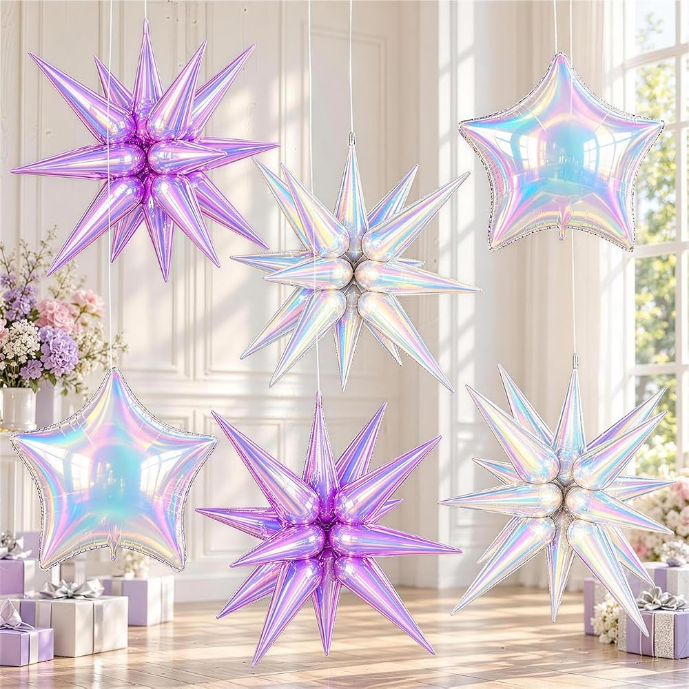 Iridescent Star Foil Balloons, Holographic Balloons for Winter Mermaid — 사진 1