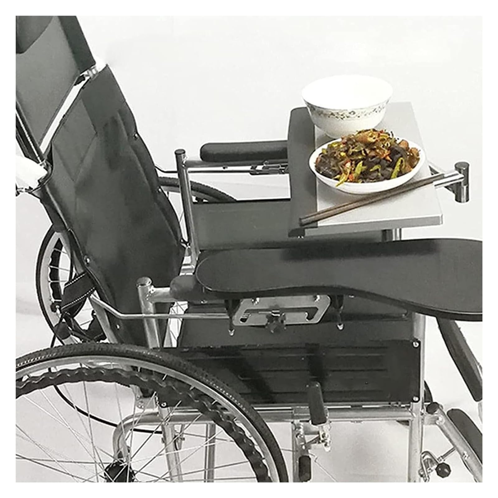 Tavolino per sedia a rotelle, vassoio per sedia a rotelle, tavolo per sedia a rotelle, tavolo dedicato, tavolo da pranzo generale, può essere sollevato, ruotato e piegato, tavolo per laptop, bianco