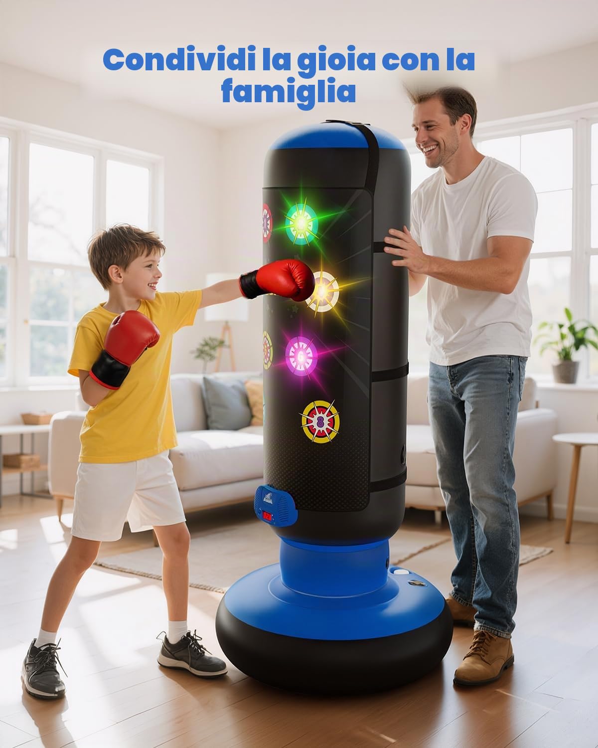 Hot Bee Sacco Da Boxe Per Bambini, Borsa Da Boxe Gonfiabile Interattiva Con Musica E Luce, Guanto Da Boxe Incluso, Per Regalo Dai 6 Ai 12 Anni (Blu)