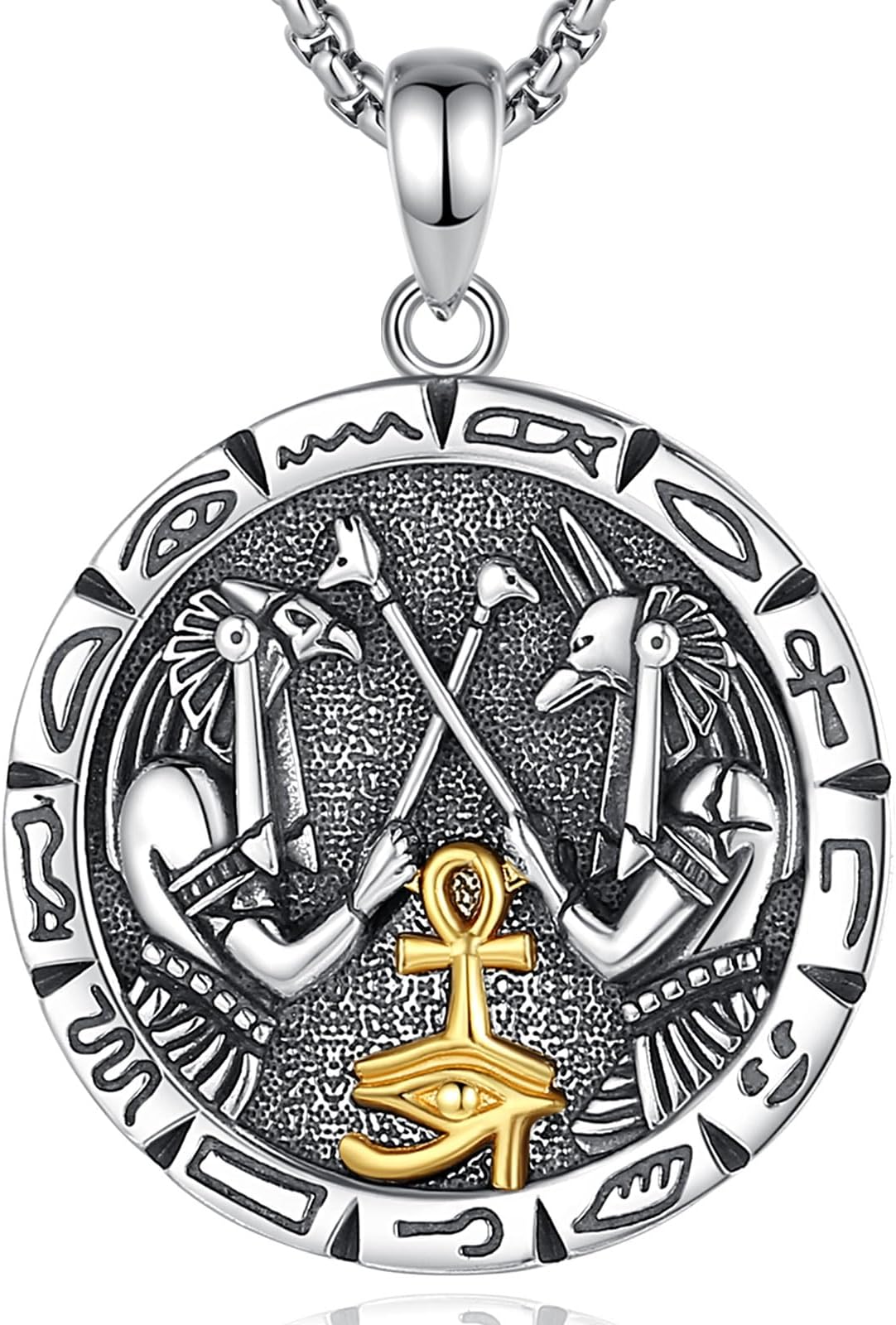 Vito925 Sterling Silver Anubis and Horus Necklace for Women Men, Ancient Egyptian Anpu Heru Evil Eye Pendant God of Dead Eye of Horus Protective Jewelry Gift, 20+2 Inch