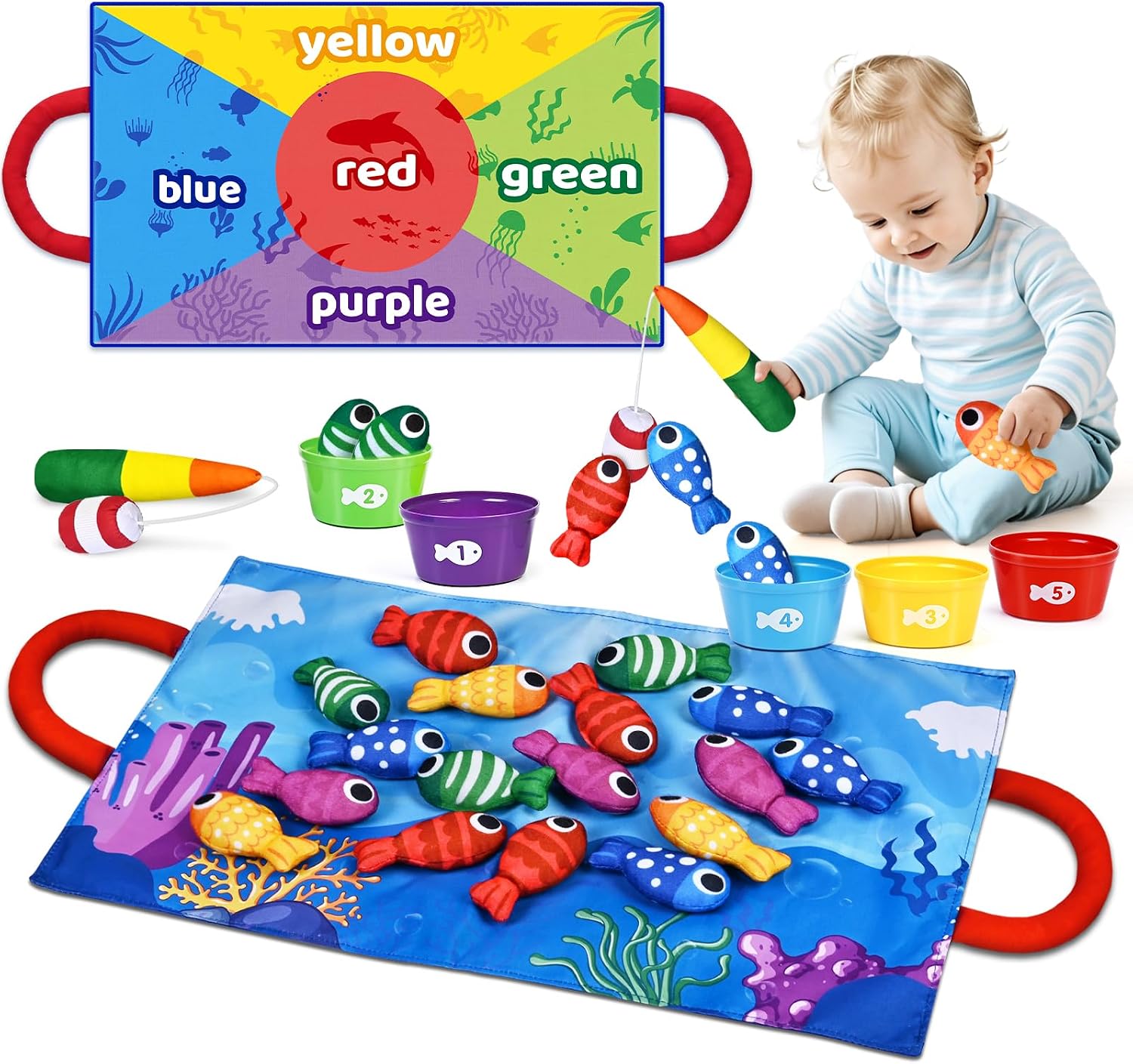 Toddler Montessori Toys Fishing Game With Stacking Cups Storage Bag Number Counting