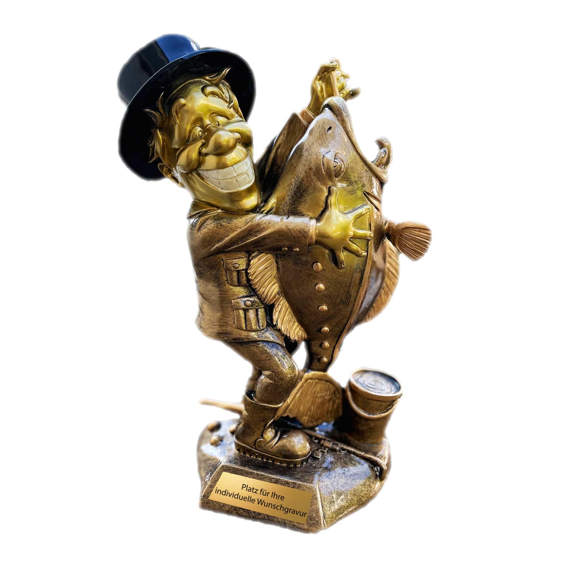 Angeln Pokal 29 cm - Große Angler Trophäe Figur mit Fisch - Altgold | Resin Ehrenpreis für Angelvereine, inkl. Gravurschild 60x25 mm mit Wunschtext für individuelle Siegerehrungen geeignet