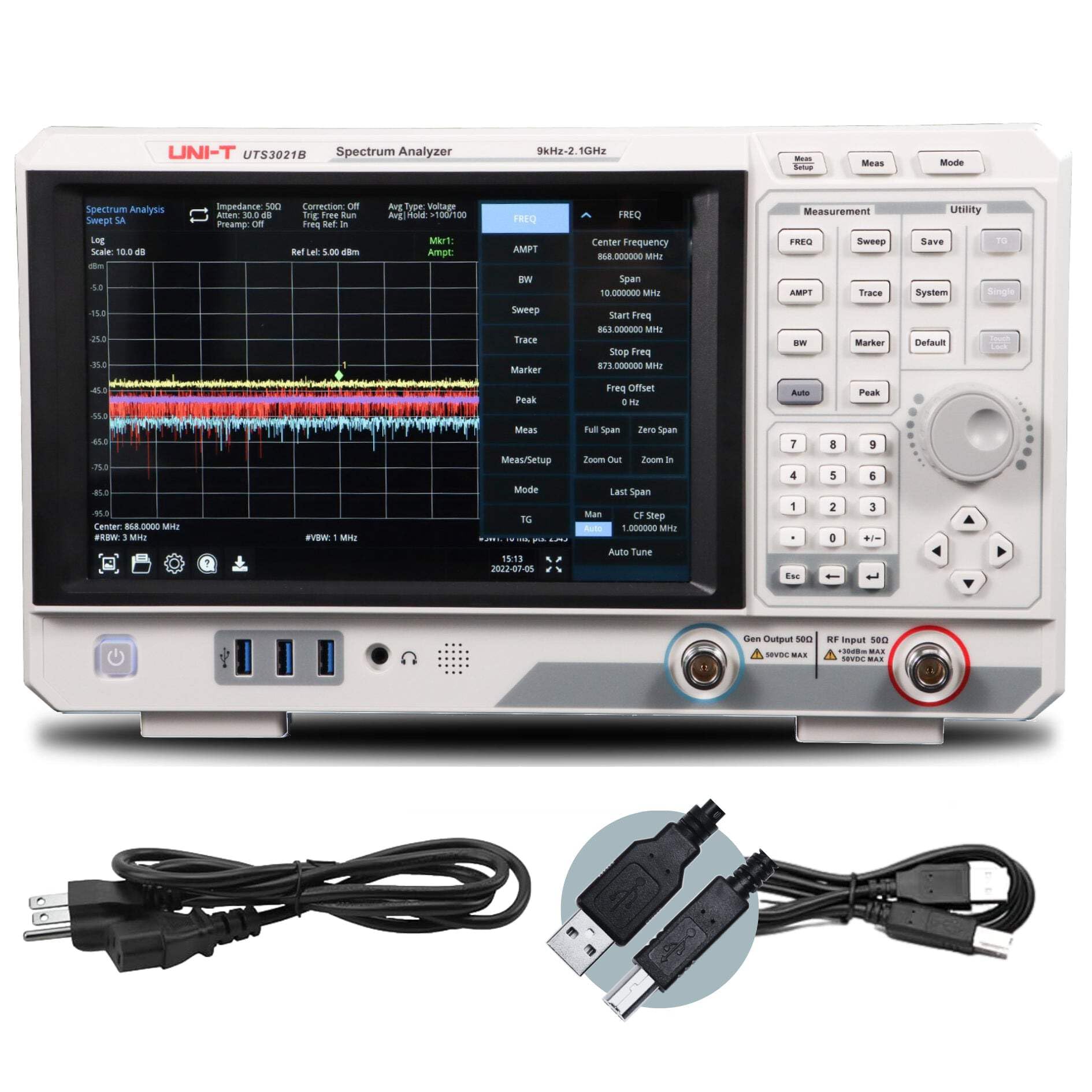 UNI-T UTS3021B Spektrumanalysator Touchscreen 9kHz~2,1GHz RBW 1Hz~3MHz 6x traces