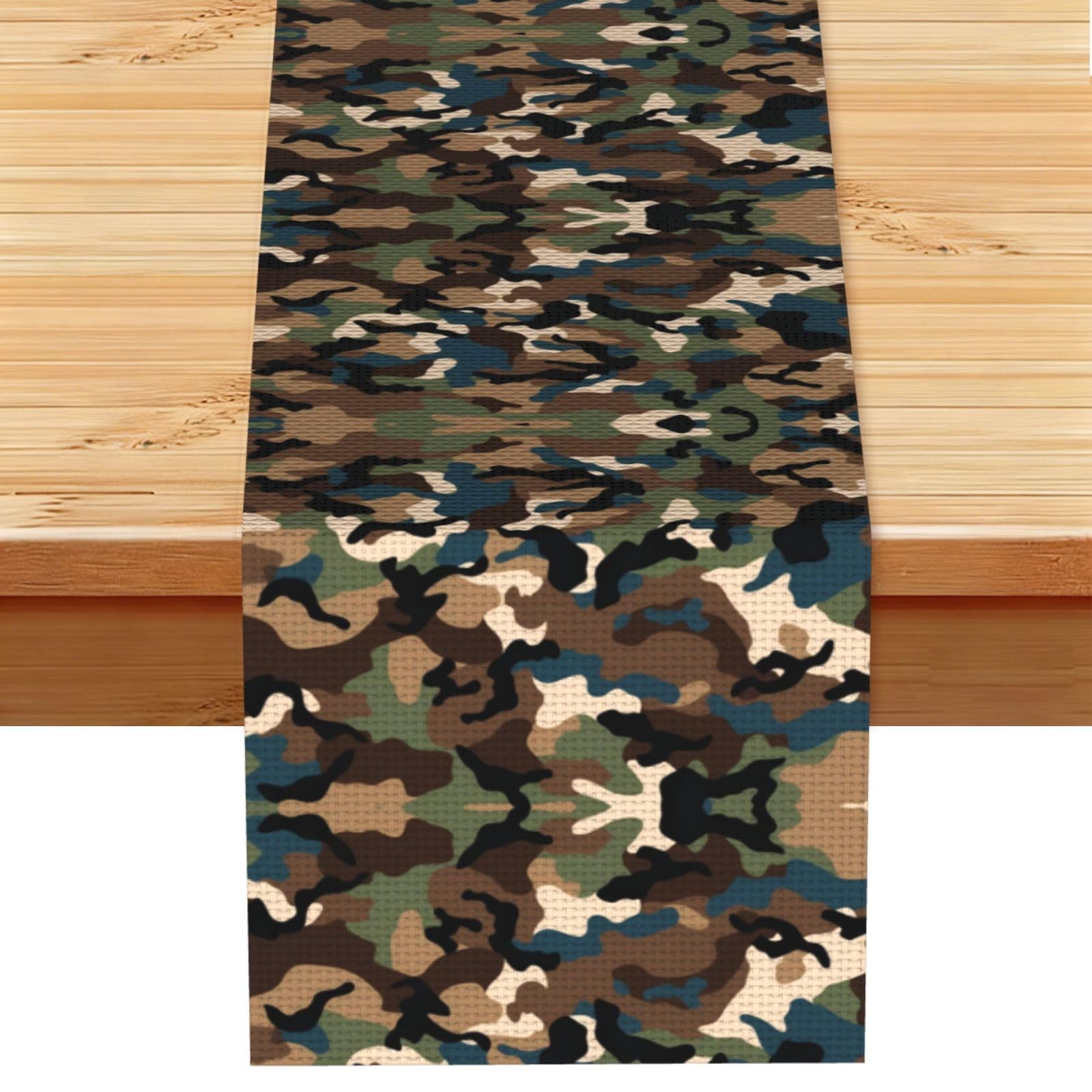 Rich Teal Tan Camo Printed Table Runner 13 x 72, Wrinkle Resistant Decor for Dining Table Coffee Table Fireplace
