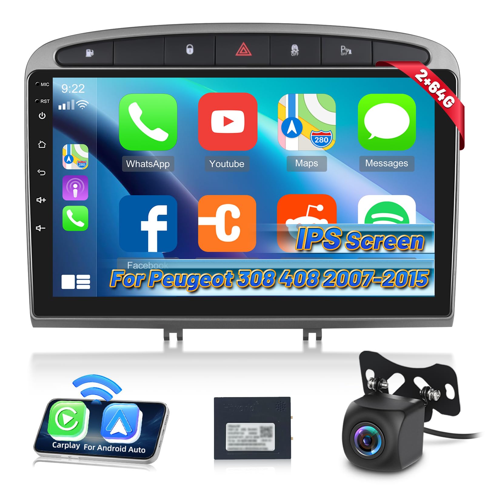 Autoradio pour Peugeot 308 408 2007-2015, [2G+64G] Autoradio Android à Écran Tactile avec sans Fil Carplay et Android Auto/Bluetooth/WiFi/Bluetooth/EQ/FM RDS Radio