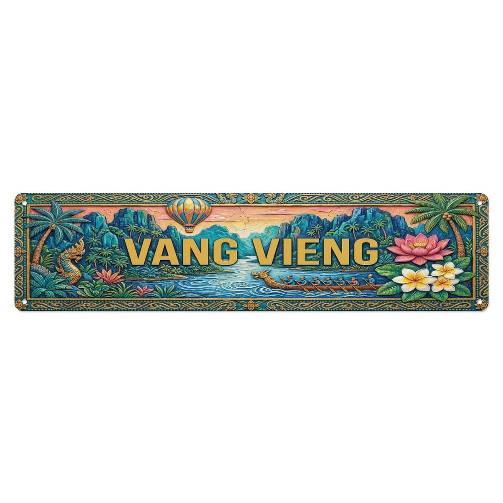 Cwbufd Vintage Style Vintage Vang Vieng Laos Flag Pattern Vintage Metal Tin Sign Plaque Wall Decor For Cafe, Club Bar, Office, Garden Metal Poster 4X16inch