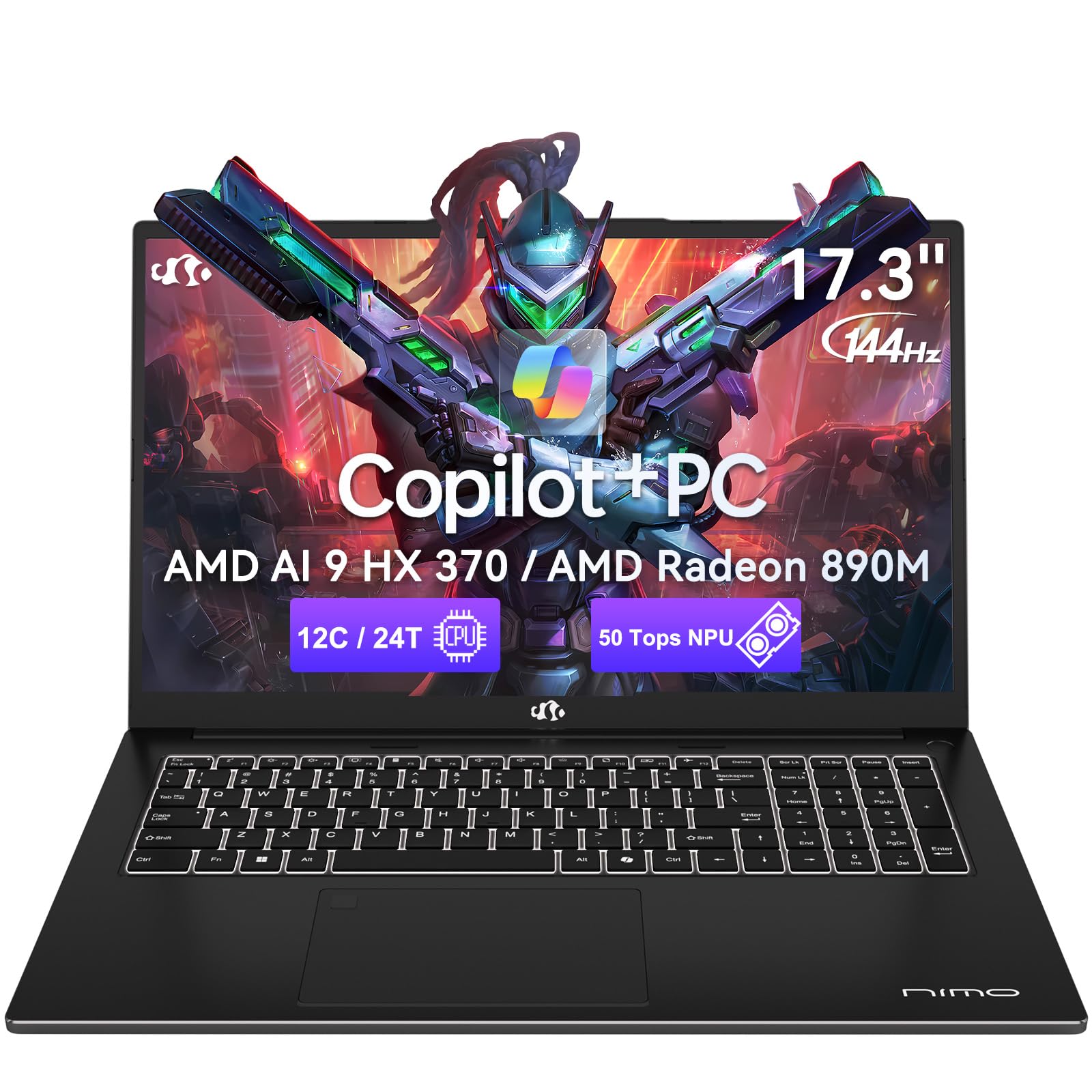NIMO Copilot+ PC, 17.3 AI-Laptop, AMD Ryzen AI 9 HX 370(50 Tops NPU) Radeon 890M, 32GB DDR5 RAM 2TB SSD, 144Hz, PD 100W USB-C 4.0, Wi-Fi 6E AI Laptop