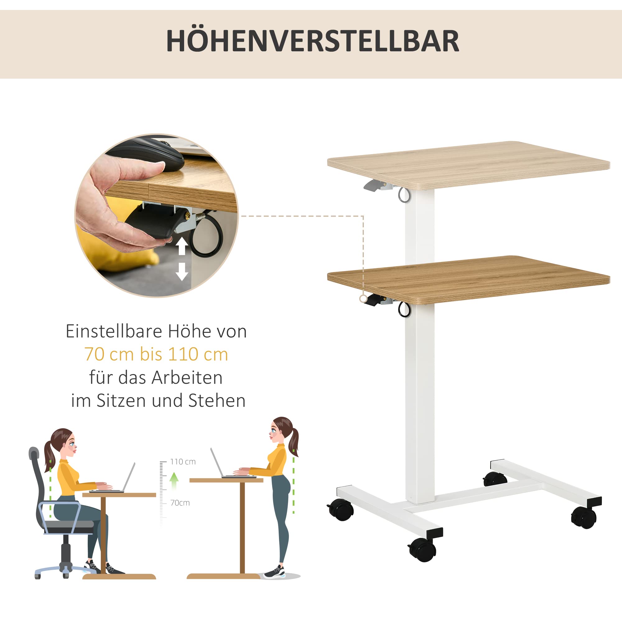 HOMCOM Stehpult, Höhenverstellbar C-förmig Schreibtisch mit 4 Rollen, 65x48x73-110cm Steh-Sitz Schreibtisch für Büro, Arbeitszimmer, Wohnzimmer, bis 70 kg belastbar, Natur+Weiß