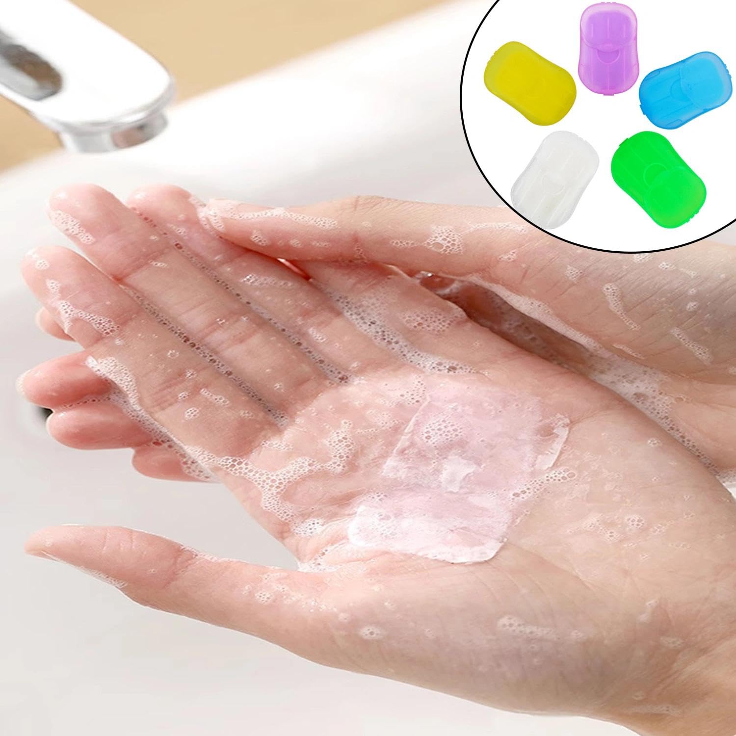5 Confezioni Compatte di Fiocchi di Sapone per Mani Monouso e Fogli di Sapone di Carta Profumato con Scatola di Protezione, Perfetto per Schiuma Lavaggio Mani Durante Viaggi.