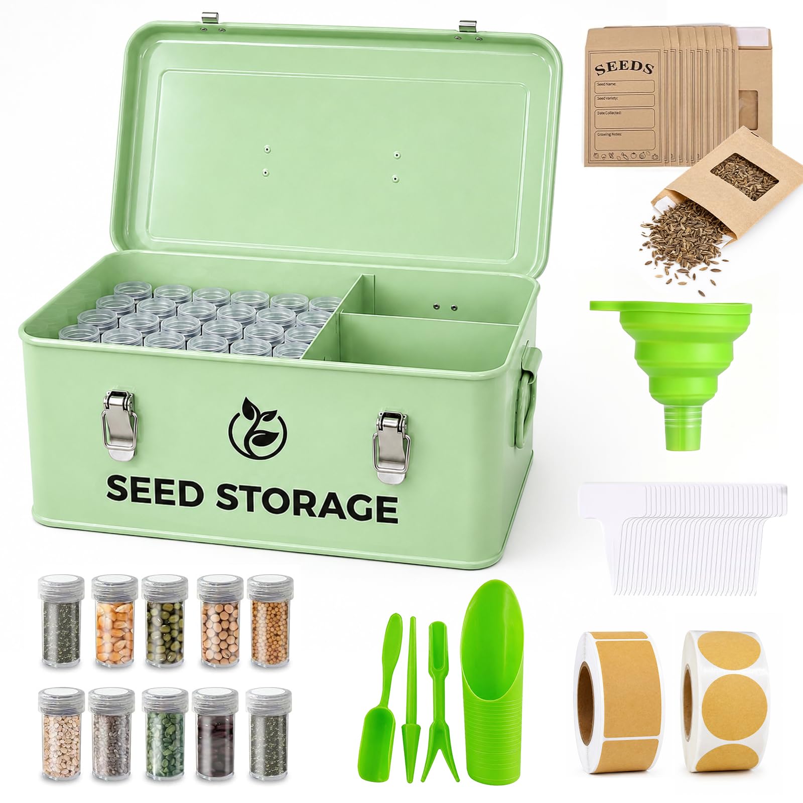 Caja de Almacenamiento de Semillas, Caja Organizadora para Almacenar Semillas Caja para Semillas con 60 Botellas de PláStico, 20 Bolsas de Papel Kraft, 4 Herramienta para Plantar, 1 Embudo de Silicona | con 60 botellas, 20 sobres, 4 herramientas de planta