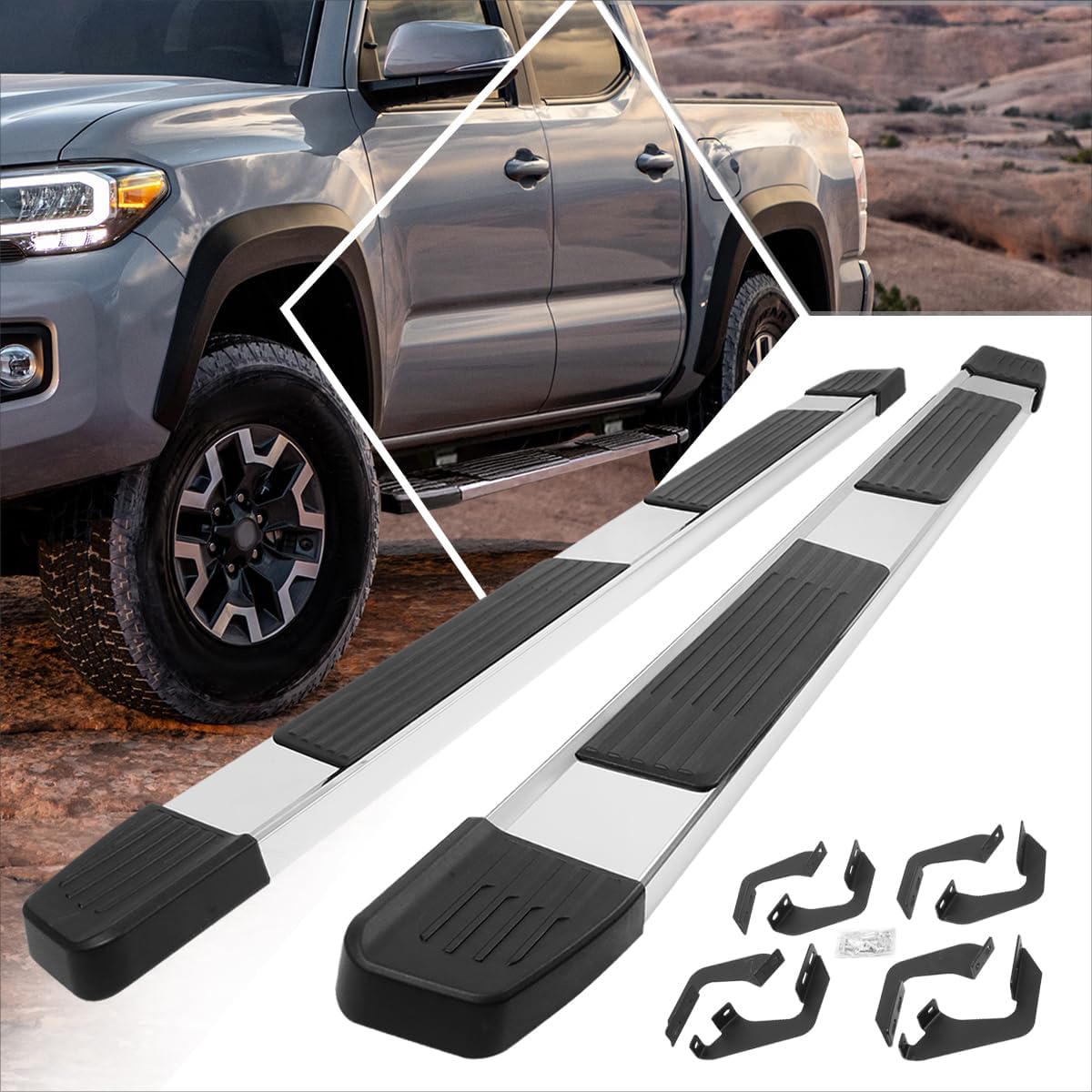 PM PERFORMOTOR 6 Inches Wide Stainless Steel Side Step Nerf Bar Running Boards Compatible with 2005-2022 Tacoma Double Cab, PM-RNB-8146-525-SS