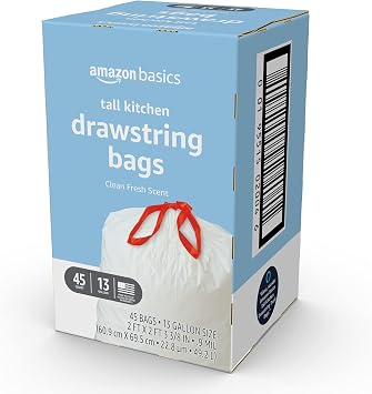 Amazon Basics Tall Kitchen Drawstring Trash Bags, Clean Fresh Scent, 13 Gallon, 45 Count (Previously Solimo)