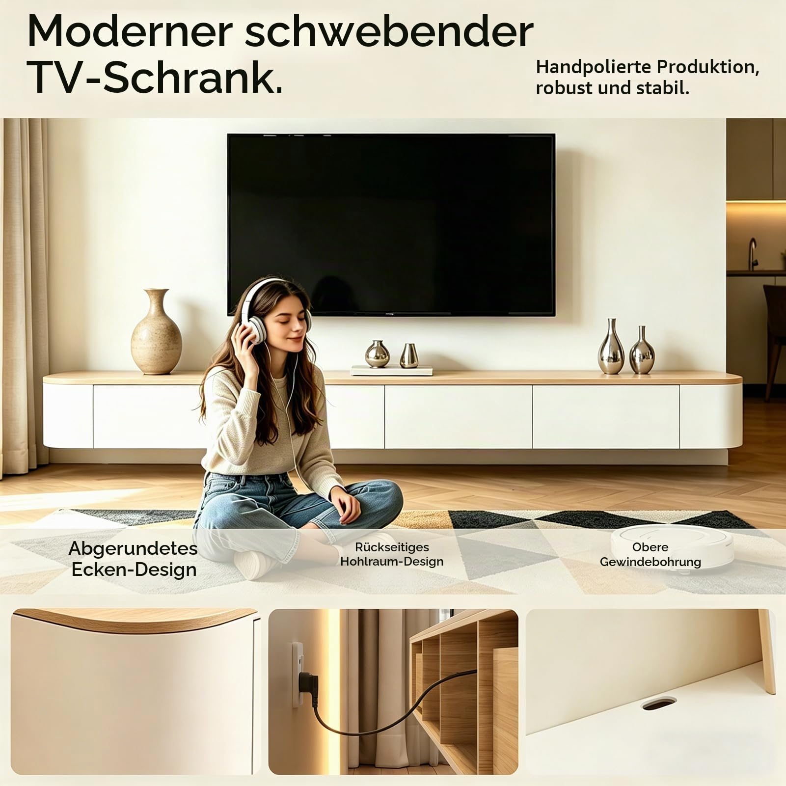 TV Schrank Hängend 160cm, Schwebende TV Lowboard mit 2 Schubladen 1 Klapptüren, Fernsehschrank mit Kabelmanagement für Wohnzimmer und Esszimmer, Bereits montiert