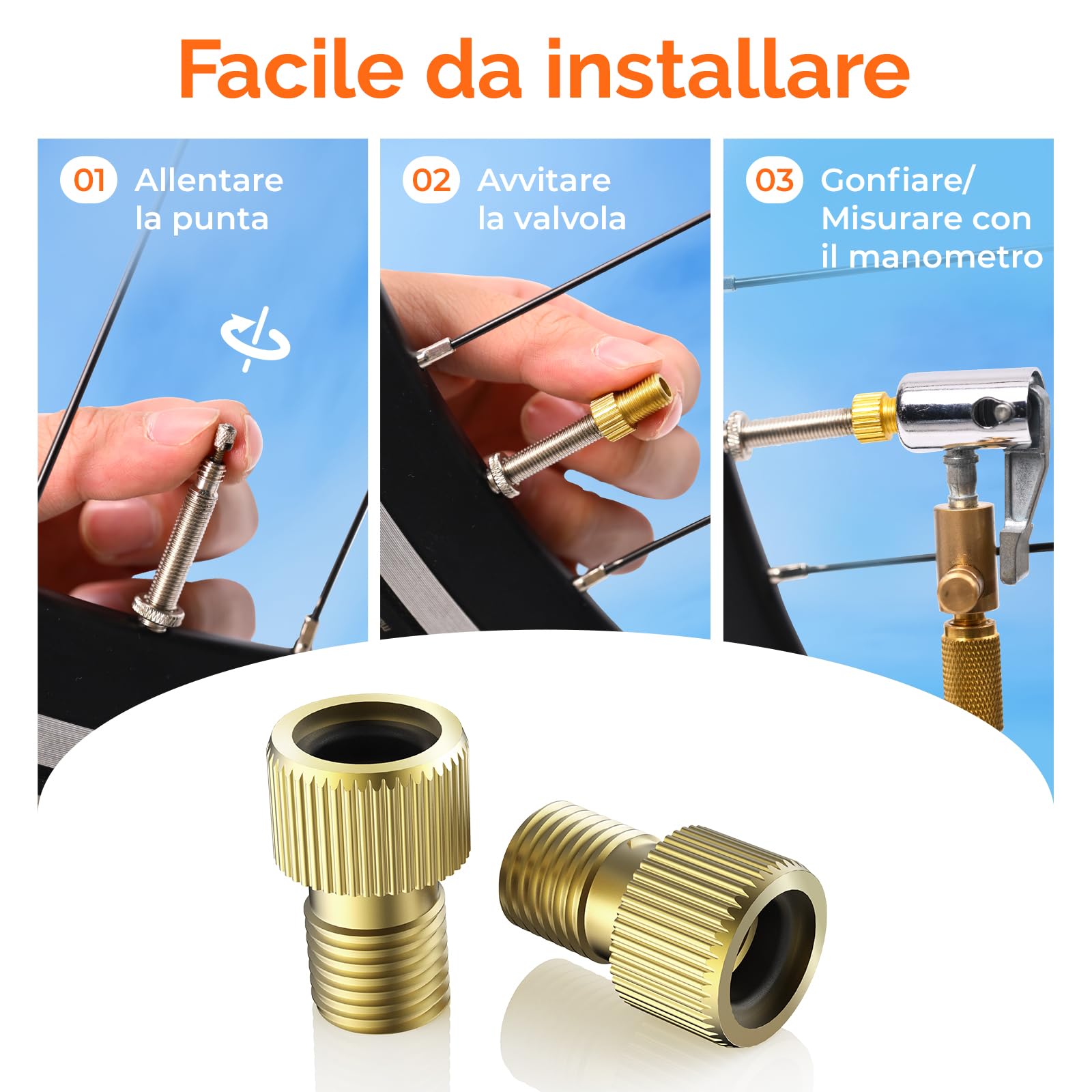 ETENWOLF Adattatore valvola Presta ottone 4 pezzi convertitore Presta-Schrader con 8 tappi