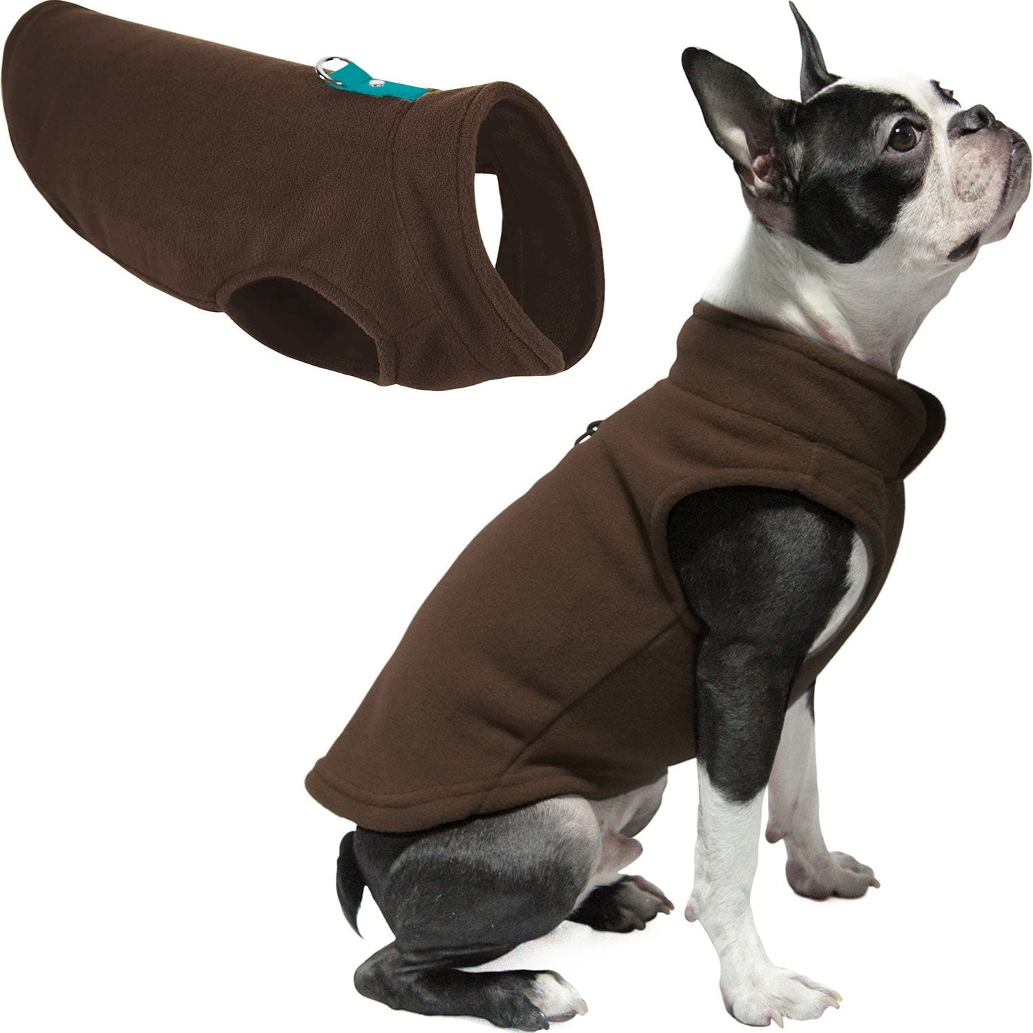 GOOBY Fleece Vest Dog Sweater - Brown-Turquoise, Medium - Warm Pullover Fleece Dog Jacket with O-Ring Leash - Winter Small Dog Sweater Coat - Cold Weather Dog Clothes for Small Dogs Boy or Girl