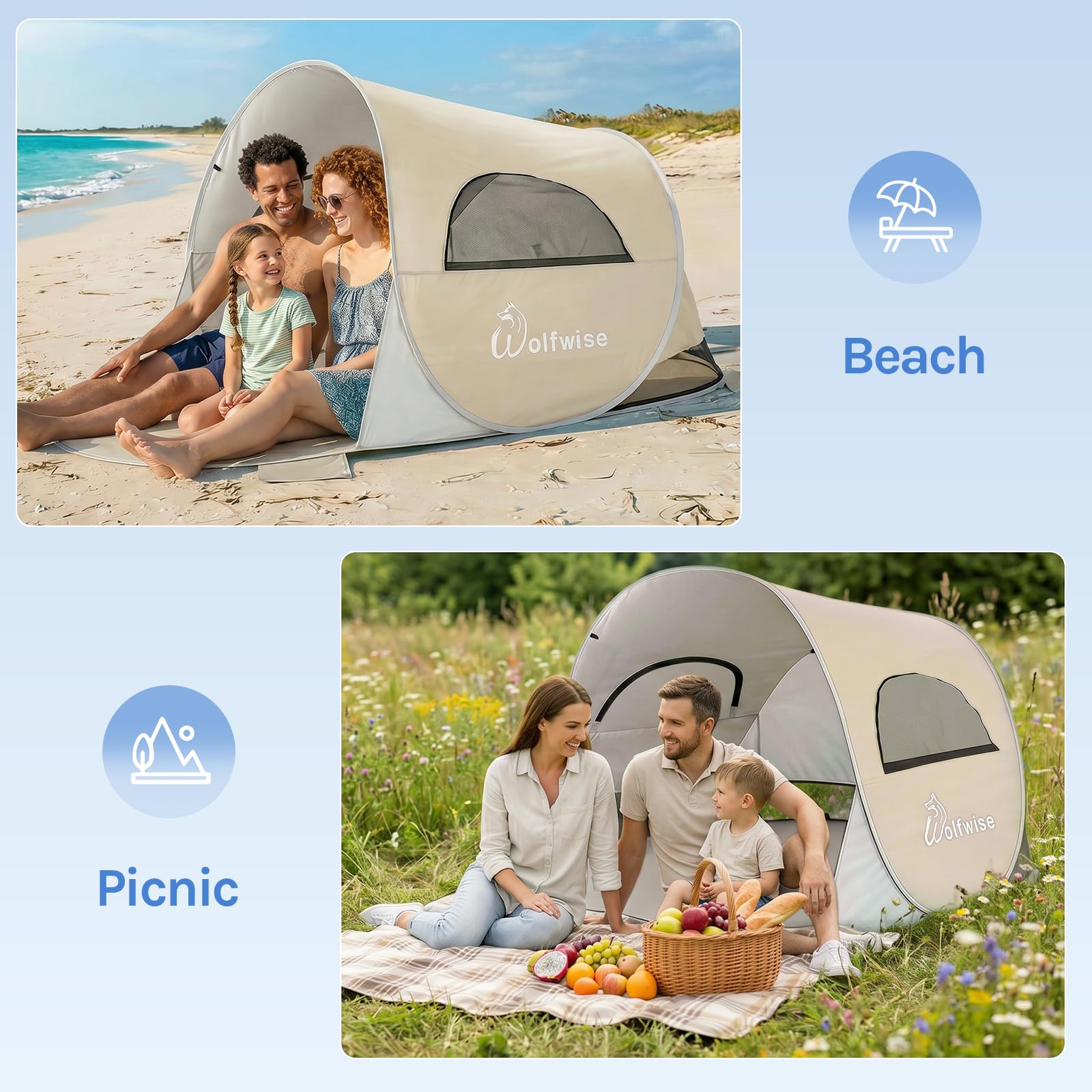 Wolfwise Pop Up namiot plażowy, natychmiastowy montaż, ochrona UPF 50+, odporna na działanie promieni UV, wodoodporna, wentylowana, odporna na rozerwanie, z kieszeniami na piasek, dla 3-4 osób, 220 x