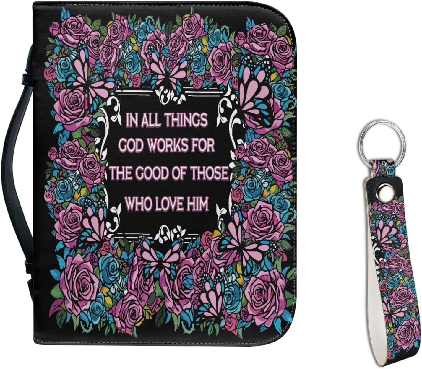 Holy Bible Cover PU Leather Bible Tote Bag with Wristlet Key Ring Lanyard Floral Butterfly Scriptures Zippered Study Organizer Bag Church Storage Case with Handle Easy to Carry