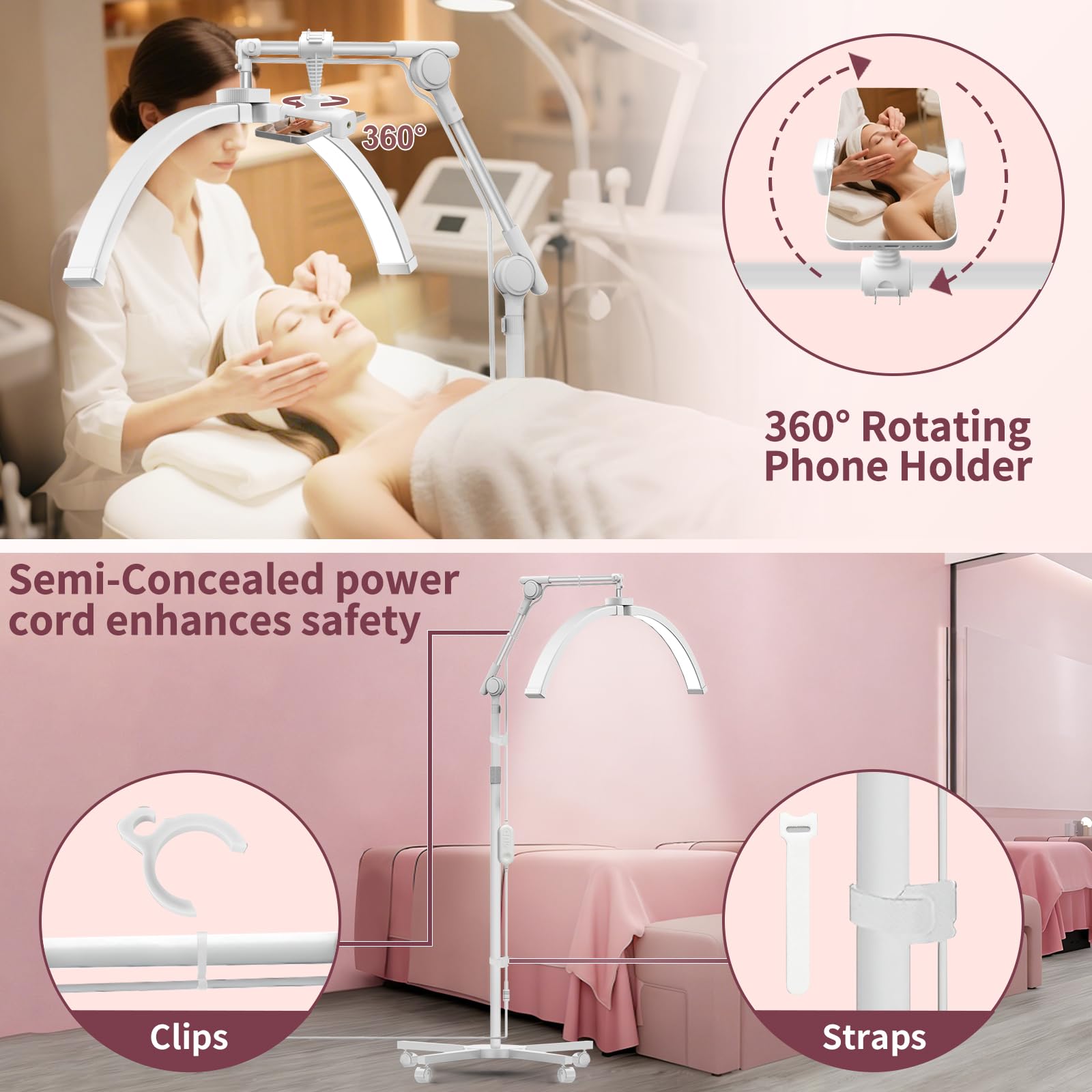 Diesisa Lampe Demi Lune Extension De Cils: Lampadaire à Cils avec Support de Téléphone - Base Roulante -360° Rotative Tête- Luminosité et Hauteur Réglable pour extensions de cils et tatouages-Blanc