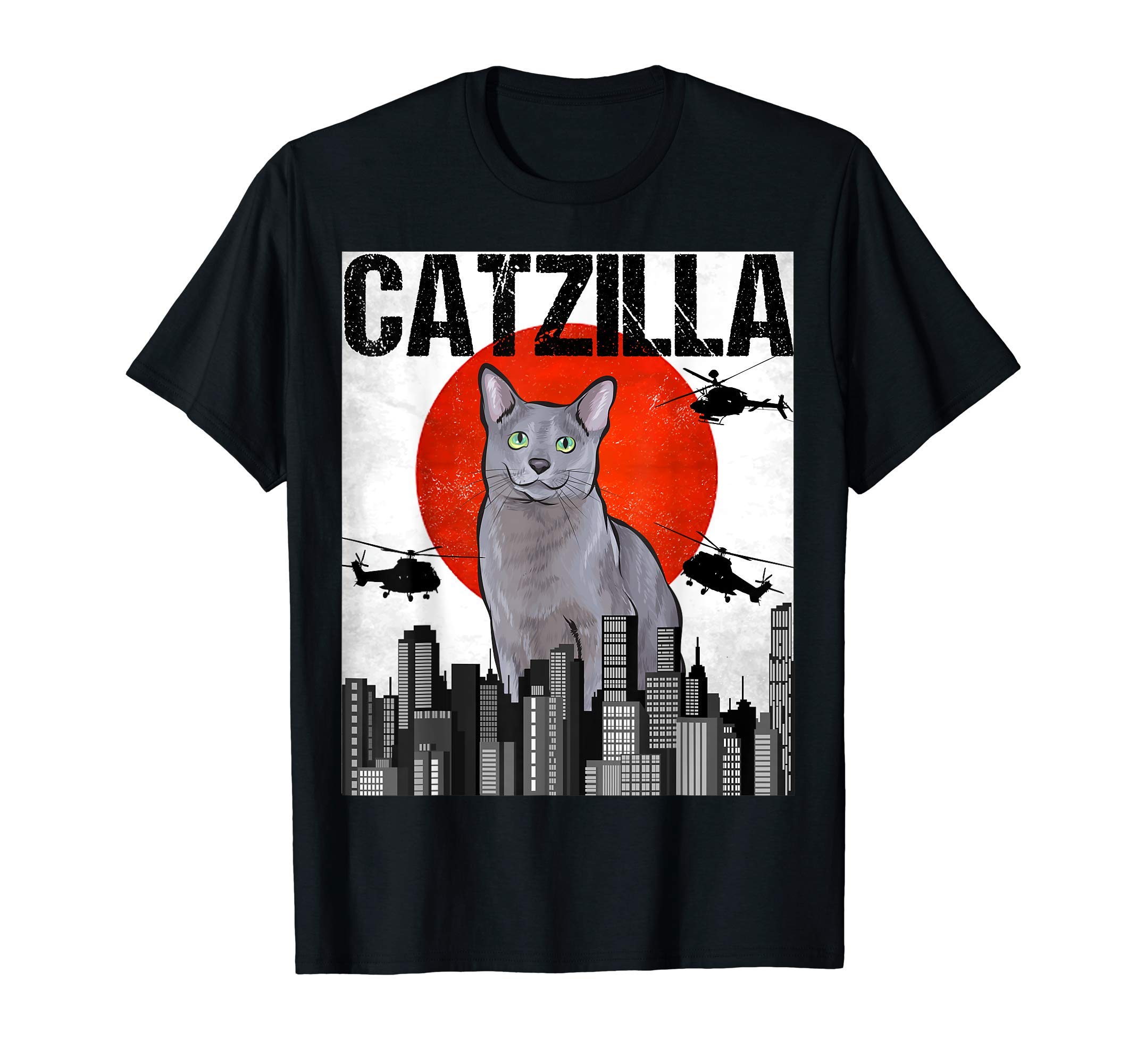 Russian Blue Cat Owner GiftFunny Vintage Japanese Catzilla Russian Blue Cat T-Shirt
