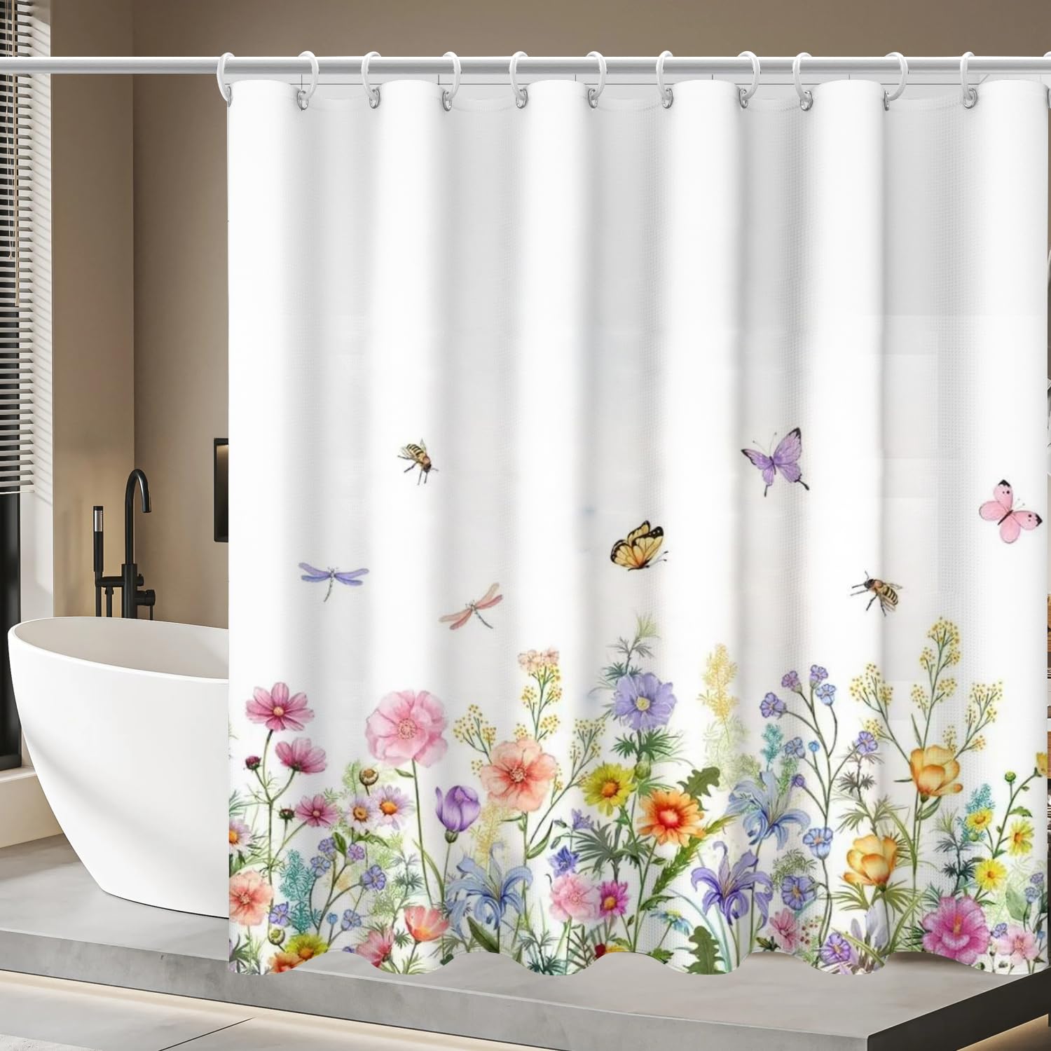 ohMobi Floral Shower Curtain,Flower Shower Curtain,Waterproof Curtain with 12 Hooks - Modern Watercolor Bathroom Decor, Butterfly Shower Curtains,72x72 Inches,Rustproof Hooks & Anti-Cling Design