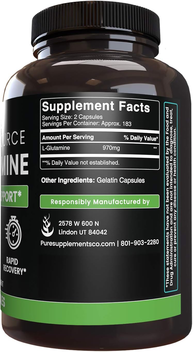 100% Pure L-Glutamine, 365 Capsules, 6-Month Supply, No Magnesium or Rice Filler, Non-GMO, Gluten-Free, Made in USA, Naturally-Sourced and Potent L-Glutamine Amino Acid with No Additives : Health & Household